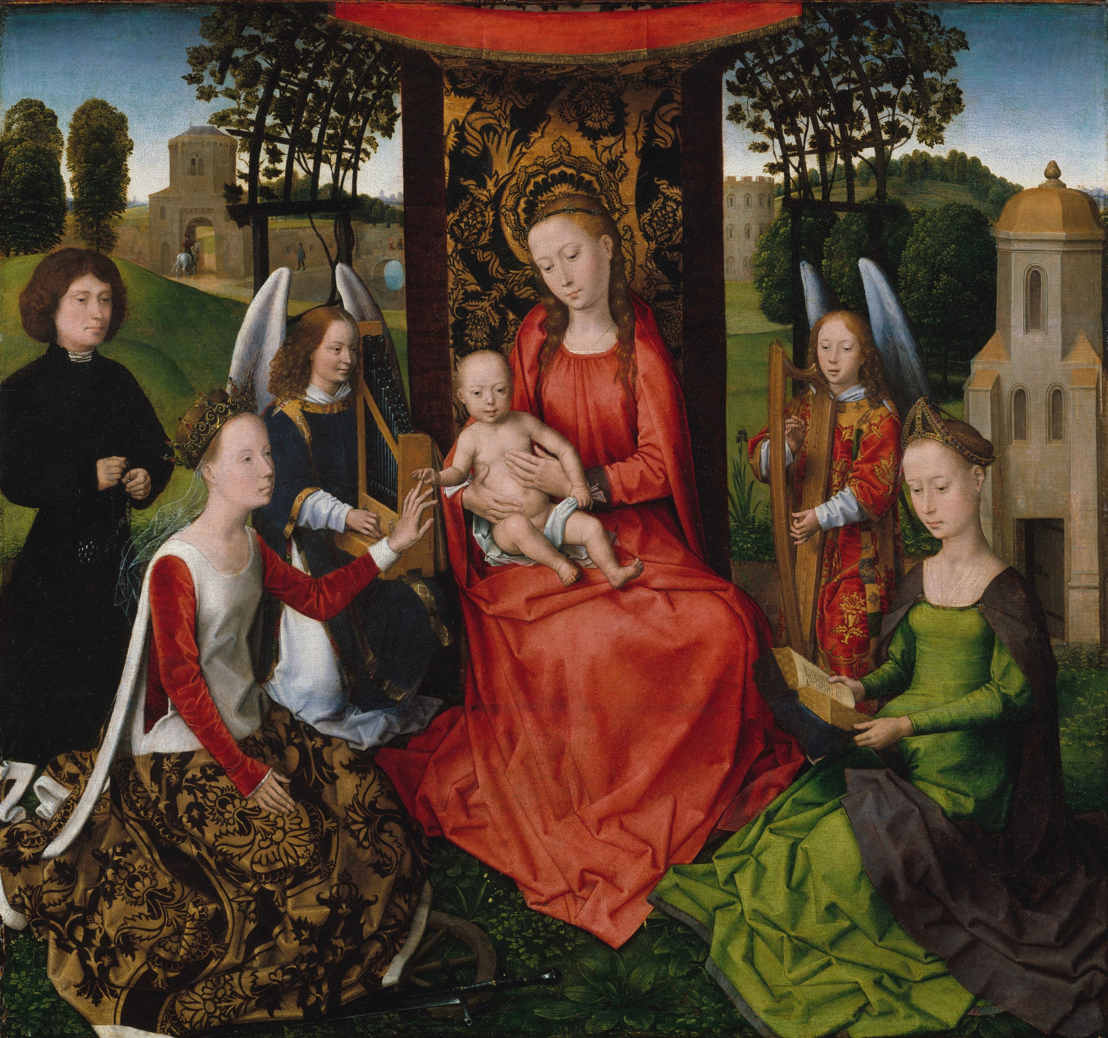 《圣母子与亚历山大的圣加大肋纳、圣白芭蕾》（Virgin and Child with Saints Catherine of Alexandria and Barbara）｜汉斯·梅姆林 Hans Memling｜1480年代初