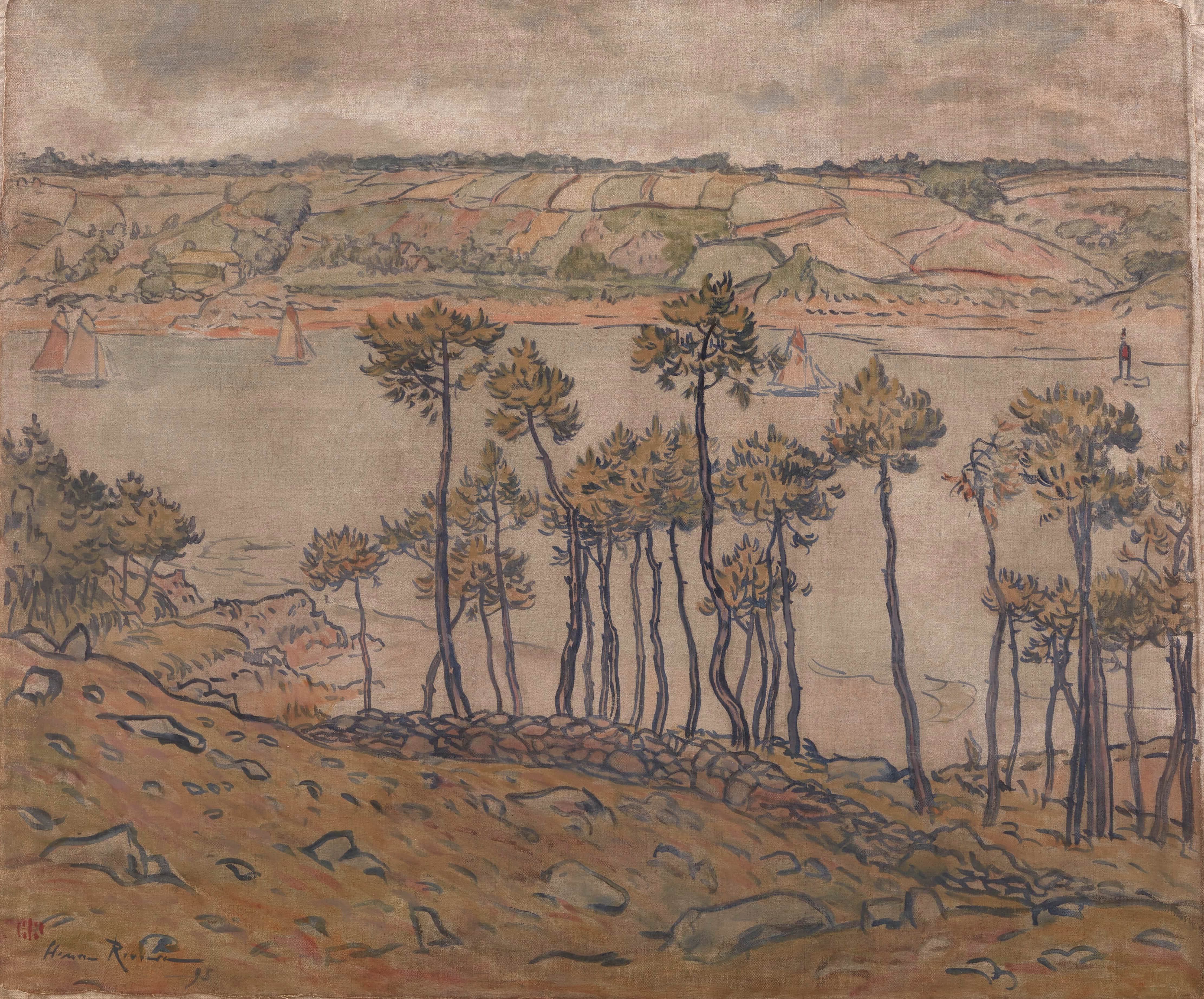 《Trieux 海湾的景色，前景是灌木丛，背景是风景》（View of the bay with copse in the foreground and landscape in the background, the Trieux）｜亨利·里维埃 Henri Rivière｜1895