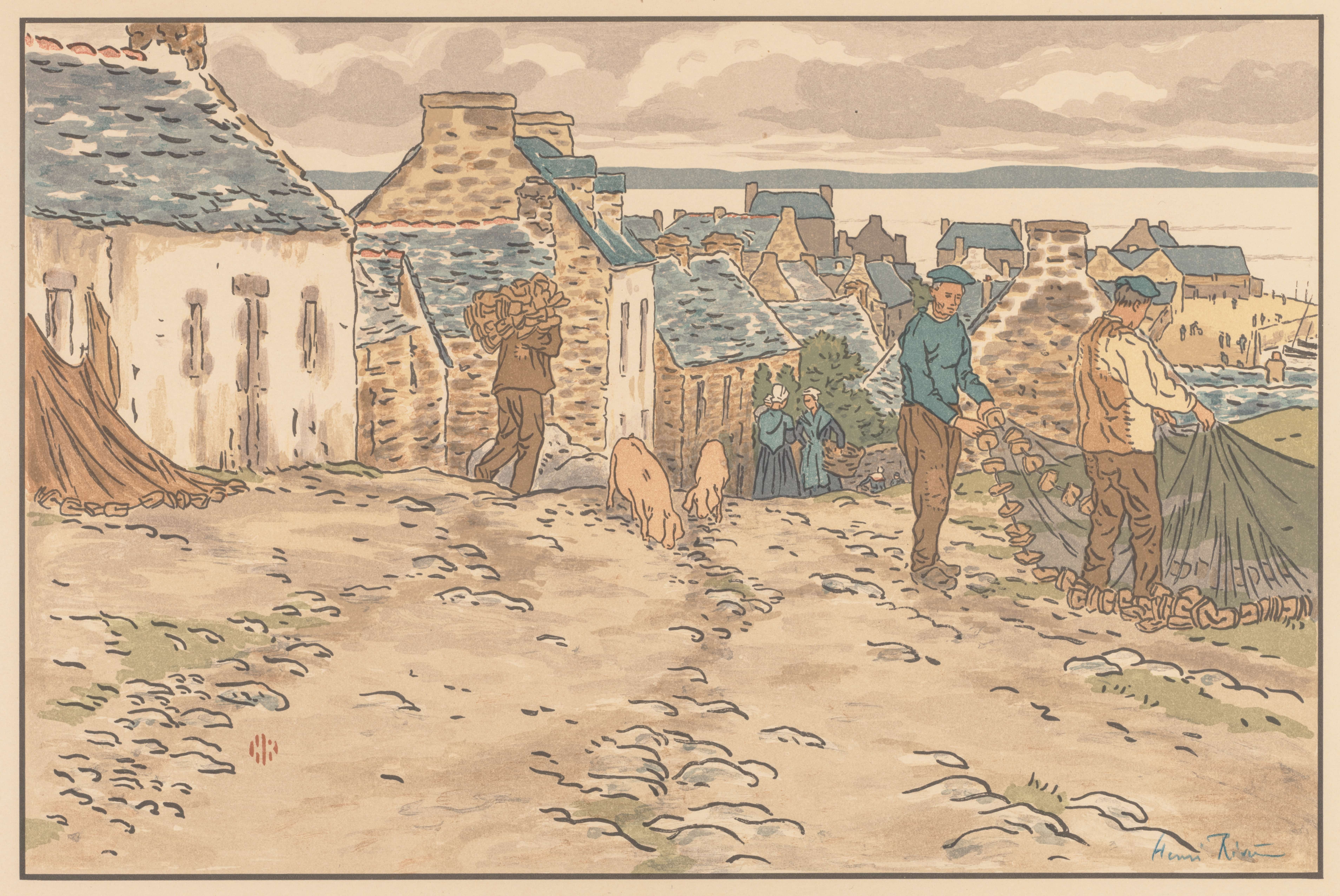 《布列塔尼美丽的乡村；特雷布尔的街道》（The Beautiful Countryside in Brittany; Street in Tréboul）｜亨利·里维埃 Henri Rivière｜1898