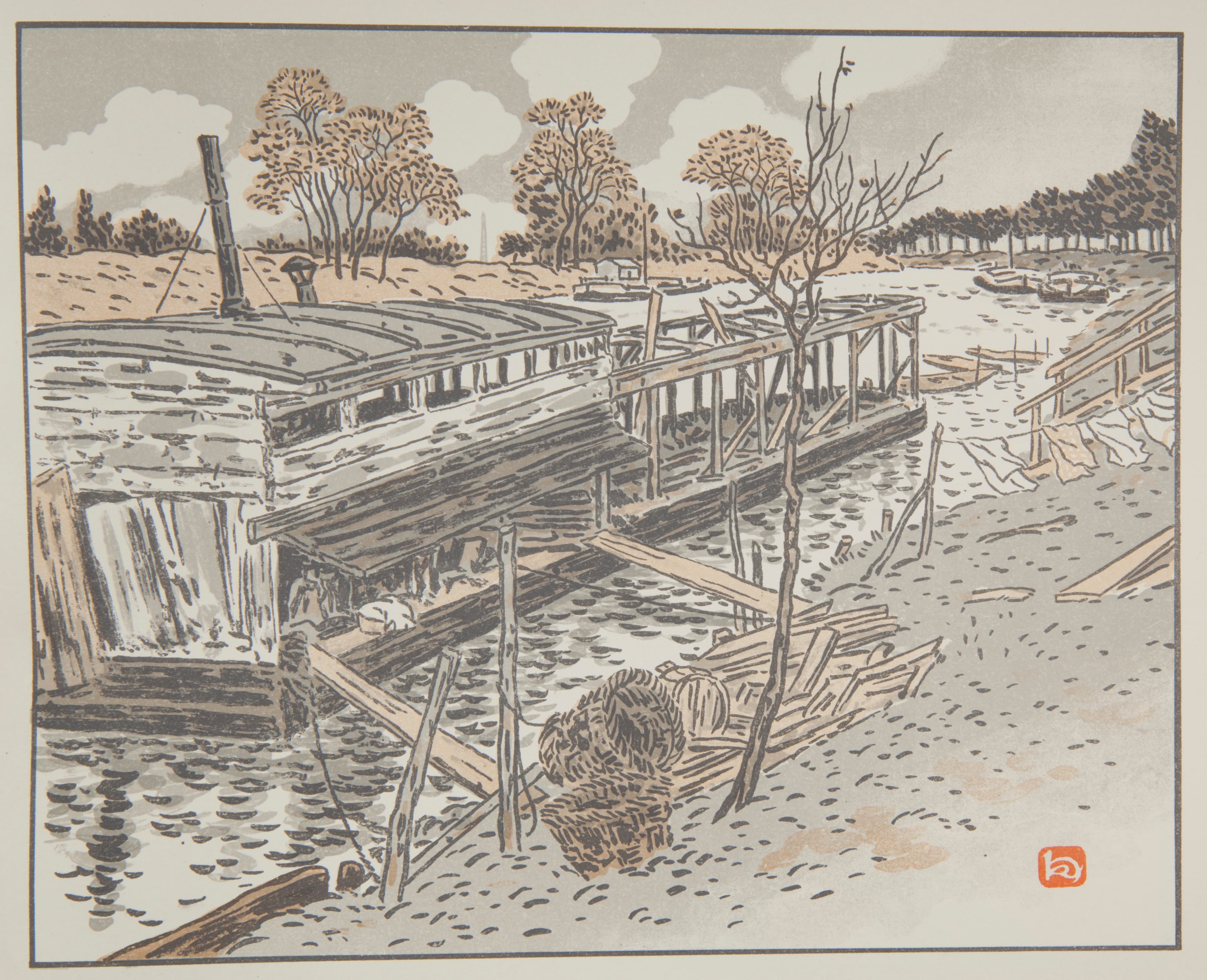 《从下默东眺望：旧洗衣船》（From Bas-Meudon, Old Lavoir）｜亨利·里维埃 Henri Rivière｜1902