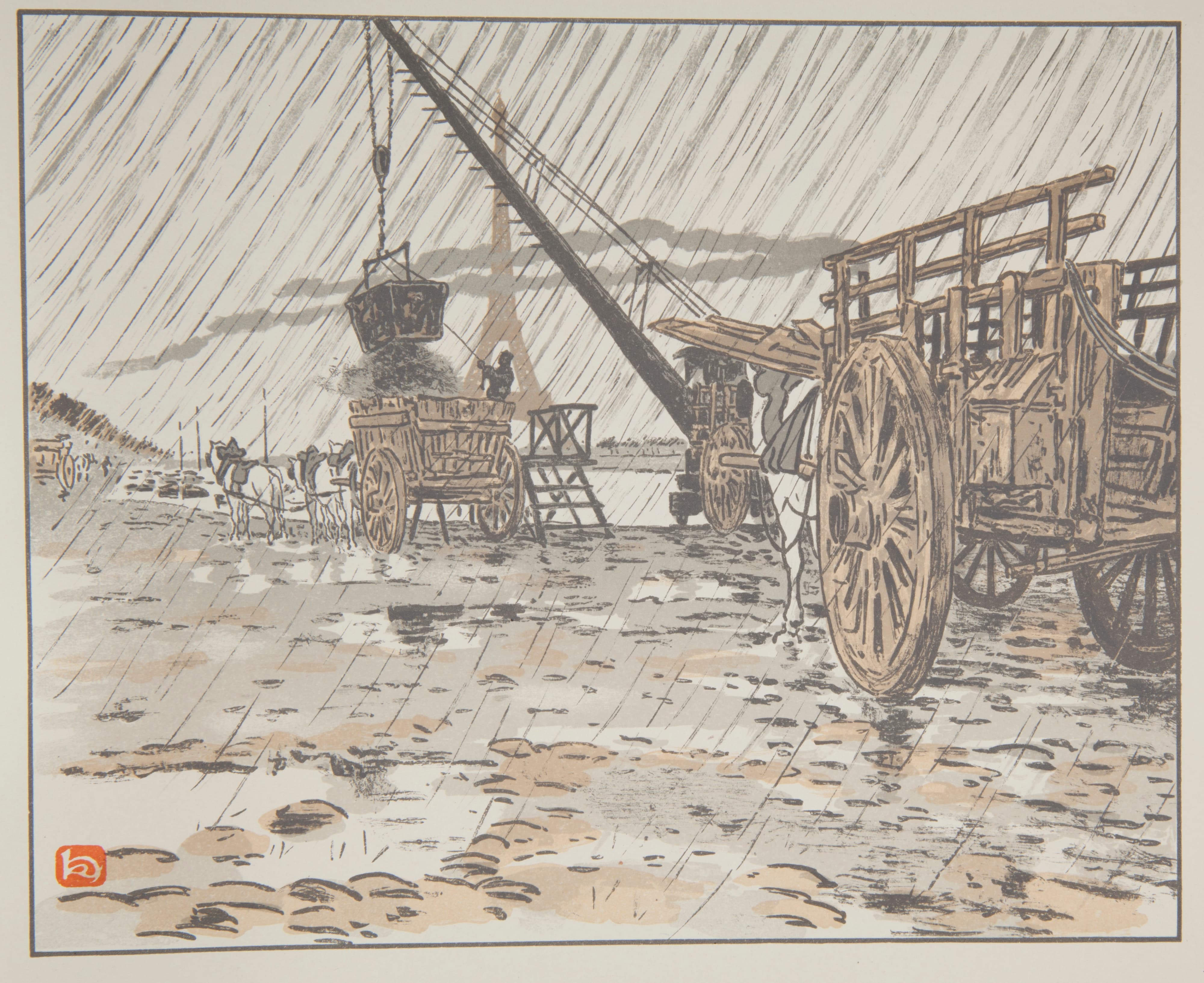 《从 Quai de Passy 出发，在雨中》（From the Quai de Passy, ​​there in the rain）｜亨利·里维埃 Henri Rivière｜1902