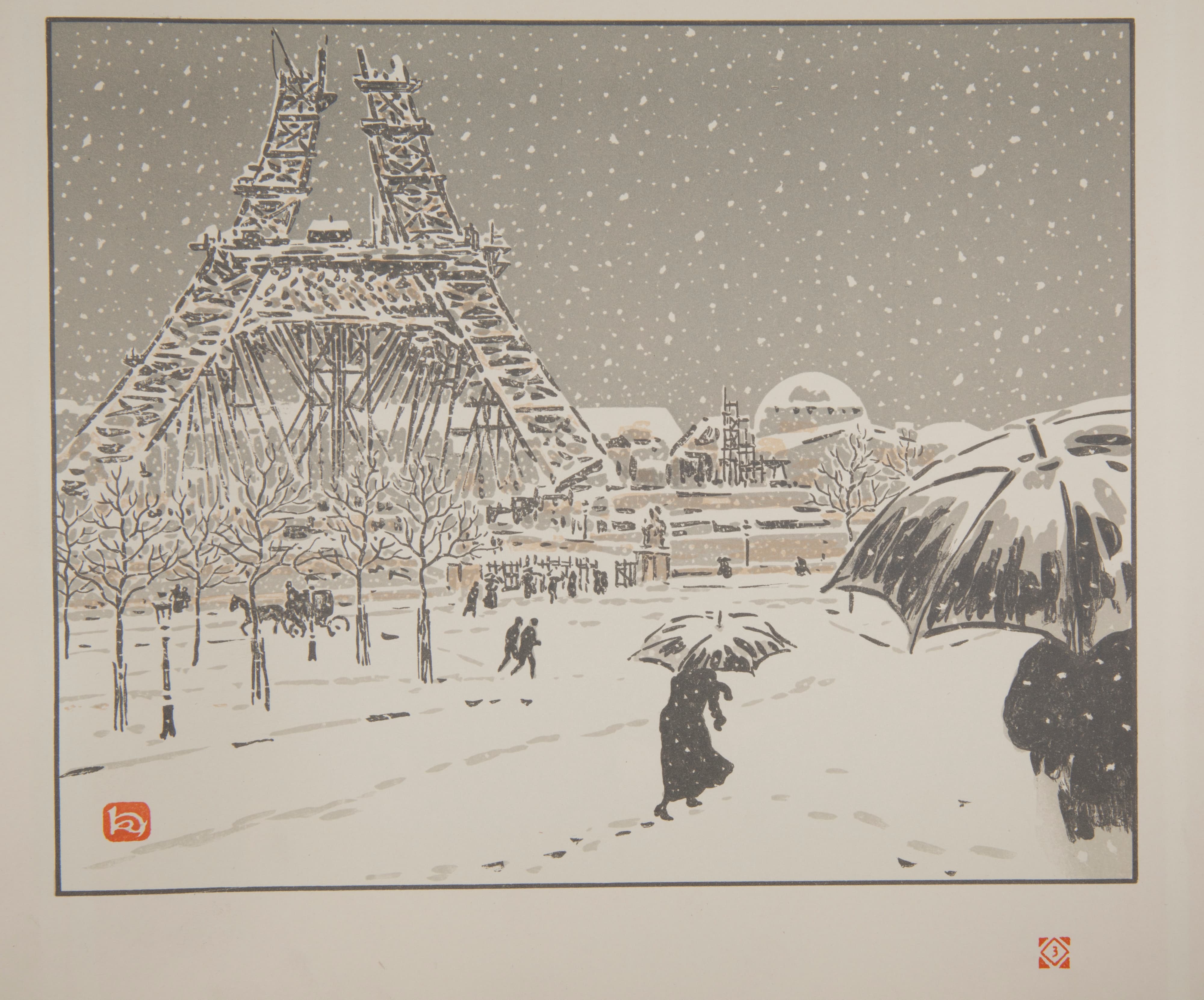 《从特罗卡德罗看到正在建设中的塔楼》（The Tower under construction seen from the Trocadero）｜亨利·里维埃 Henri Rivière｜1902