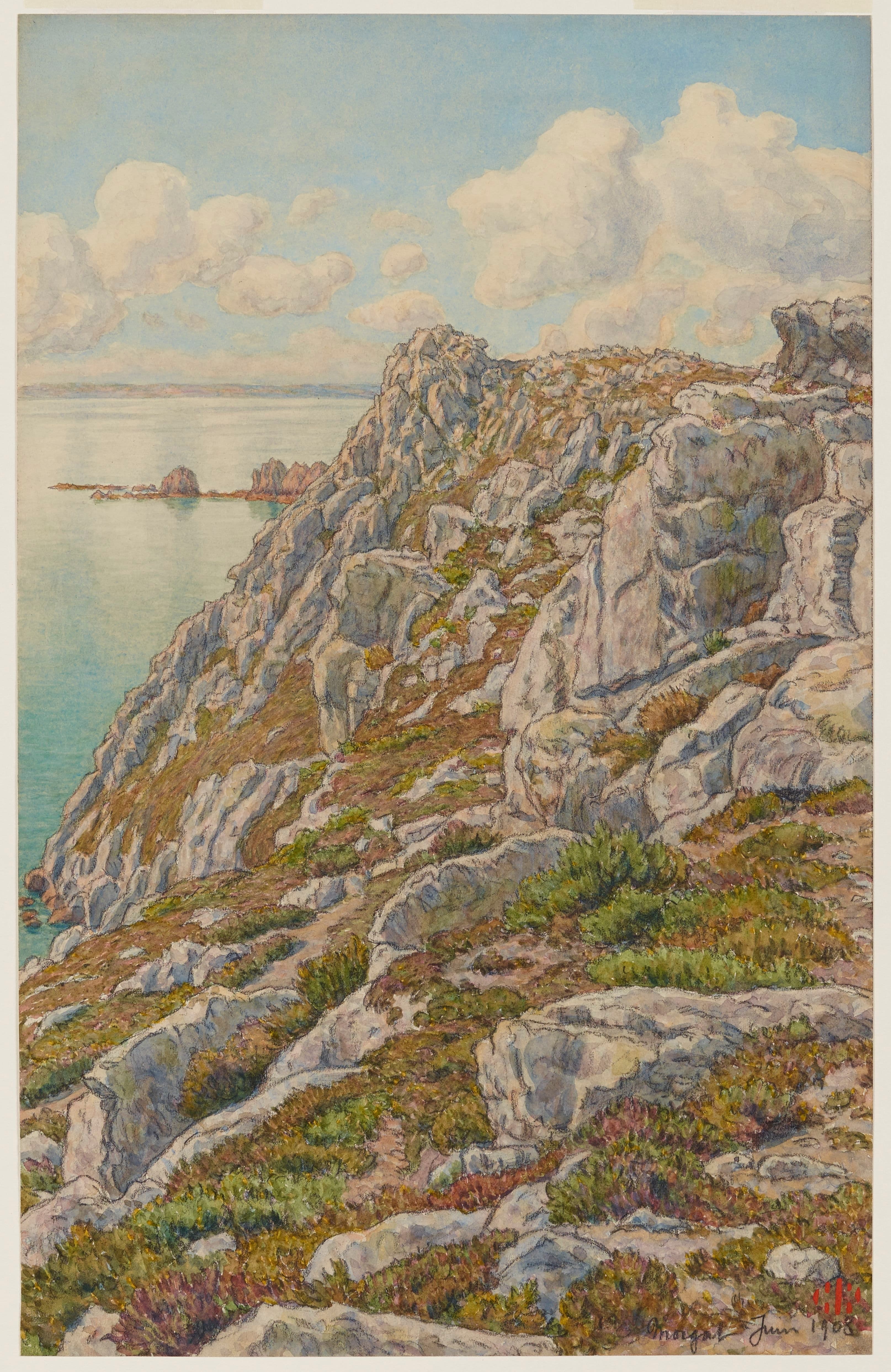 《维尔京群岛的悬崖。杜阿纳内斯湾。莫加特》（Cliffs of the Virgin Island. Bay of Douarnenez. Morgat）｜亨利·里维埃 Henri Rivière｜1908