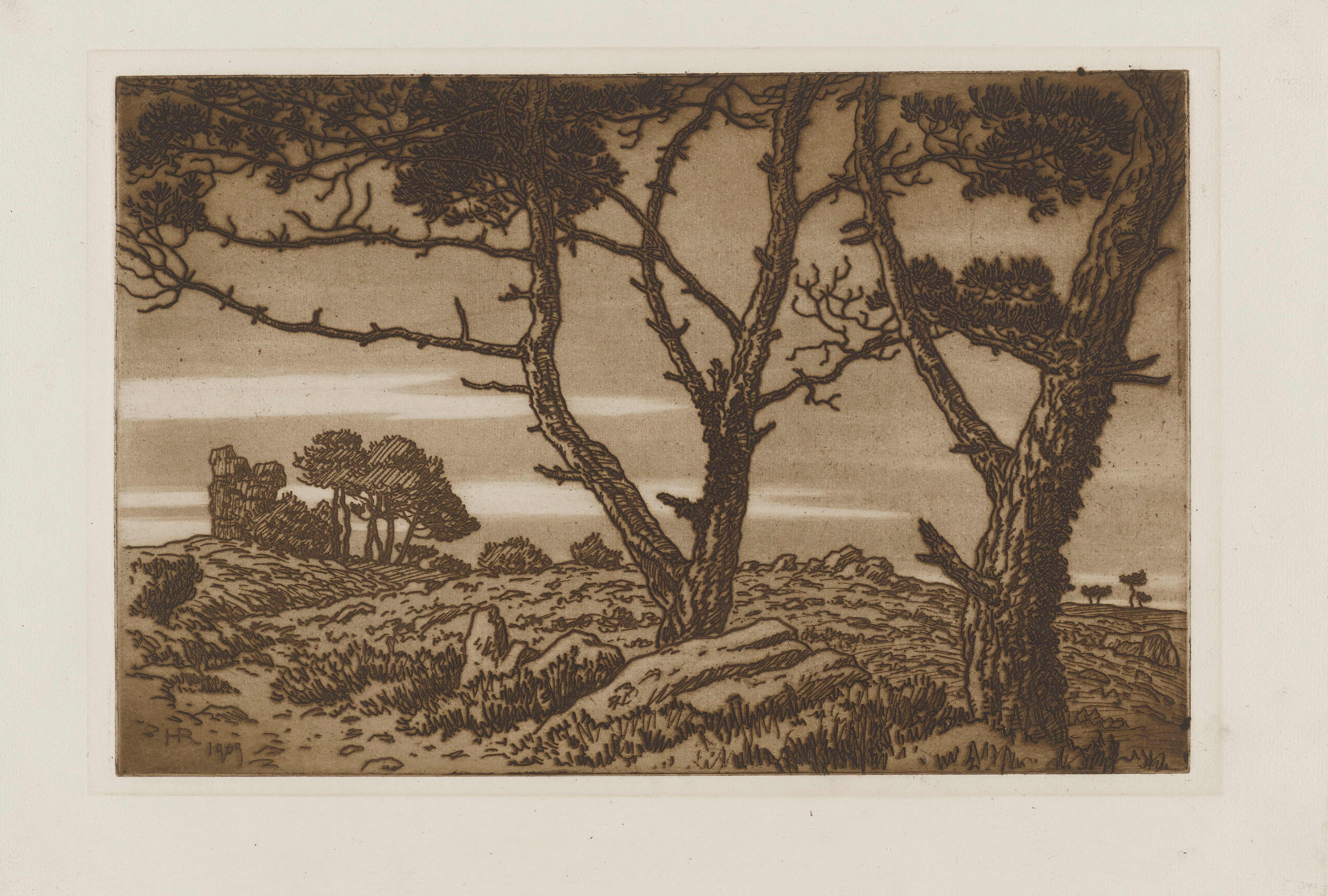 《阴云密布的天空下荒原上的老树》（Old trees on the moor under an overcast sky）｜亨利·里维埃 Henri Rivière｜1909