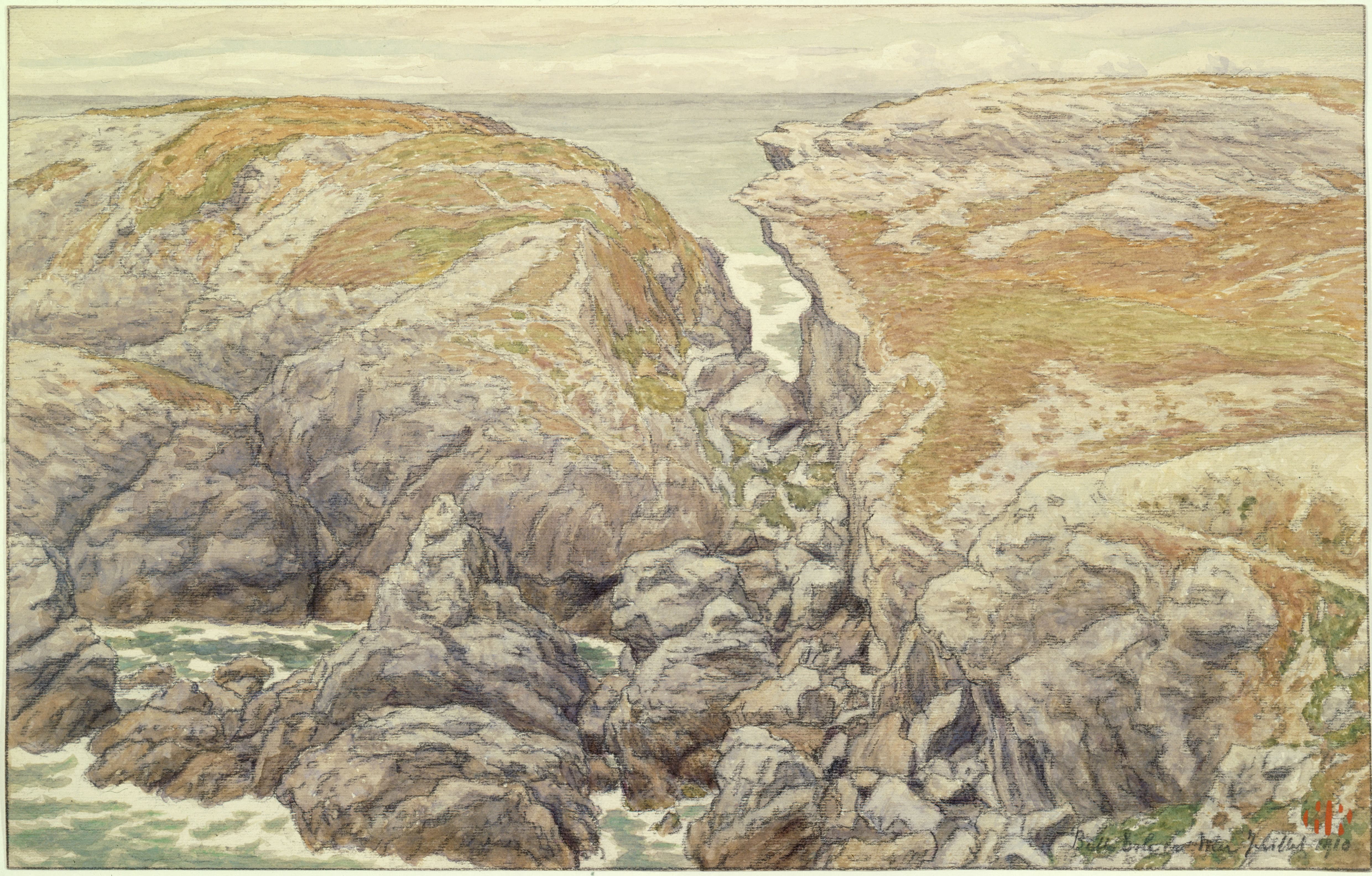 《海上贝尔岛的悬崖》（Cliffs at Belle-Isle at sea）｜亨利·里维埃 Henri Rivière｜1910