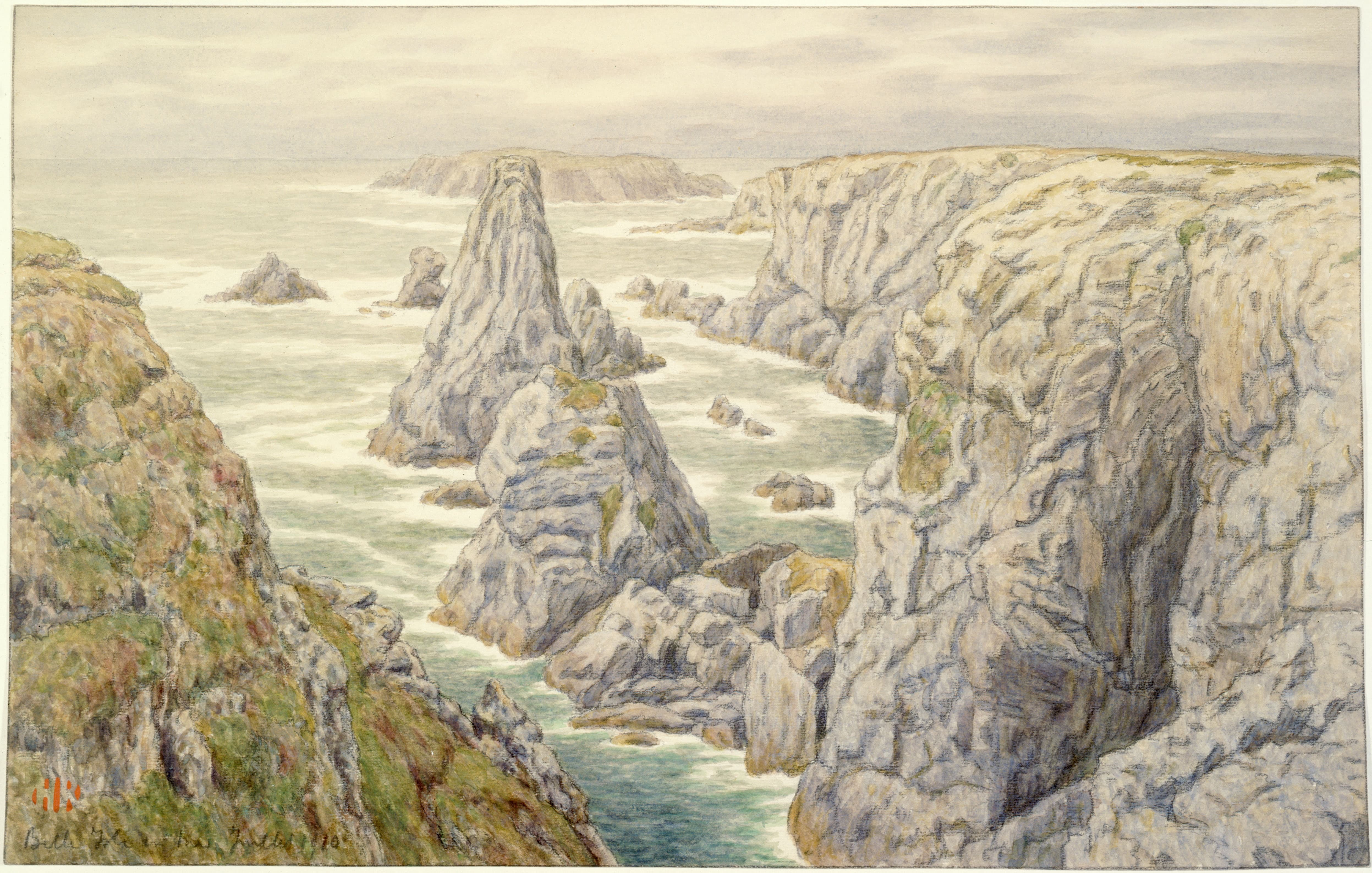 《科顿港的岩石。贝尔岛》（Rocks of Port Coton. Belle Isle）｜亨利·里维埃 Henri Rivière｜1910