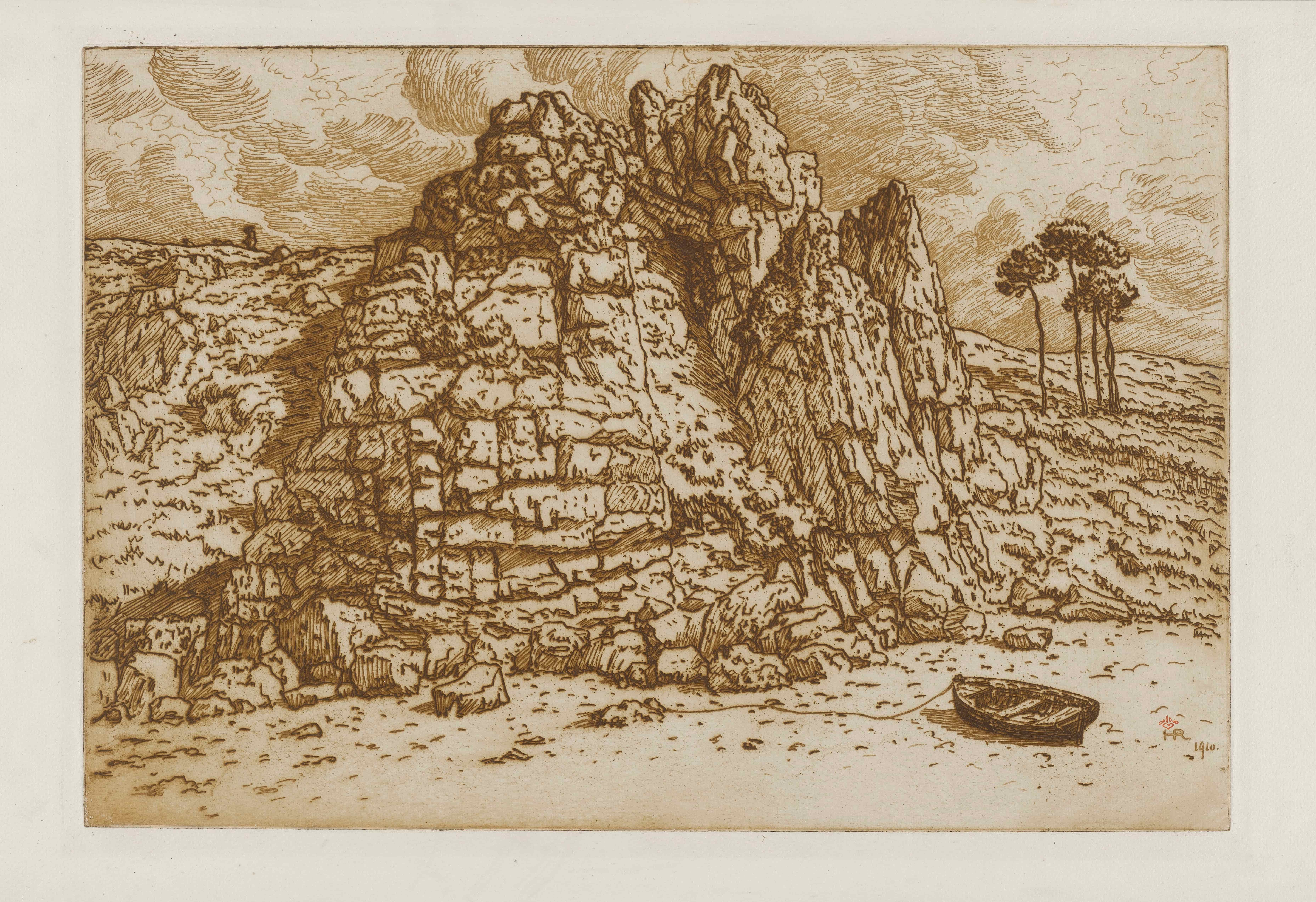 《悬崖脚下沙滩上的干船》（Dry boat on the sand at the foot of the cliff）｜亨利·里维埃 Henri Rivière｜1910
