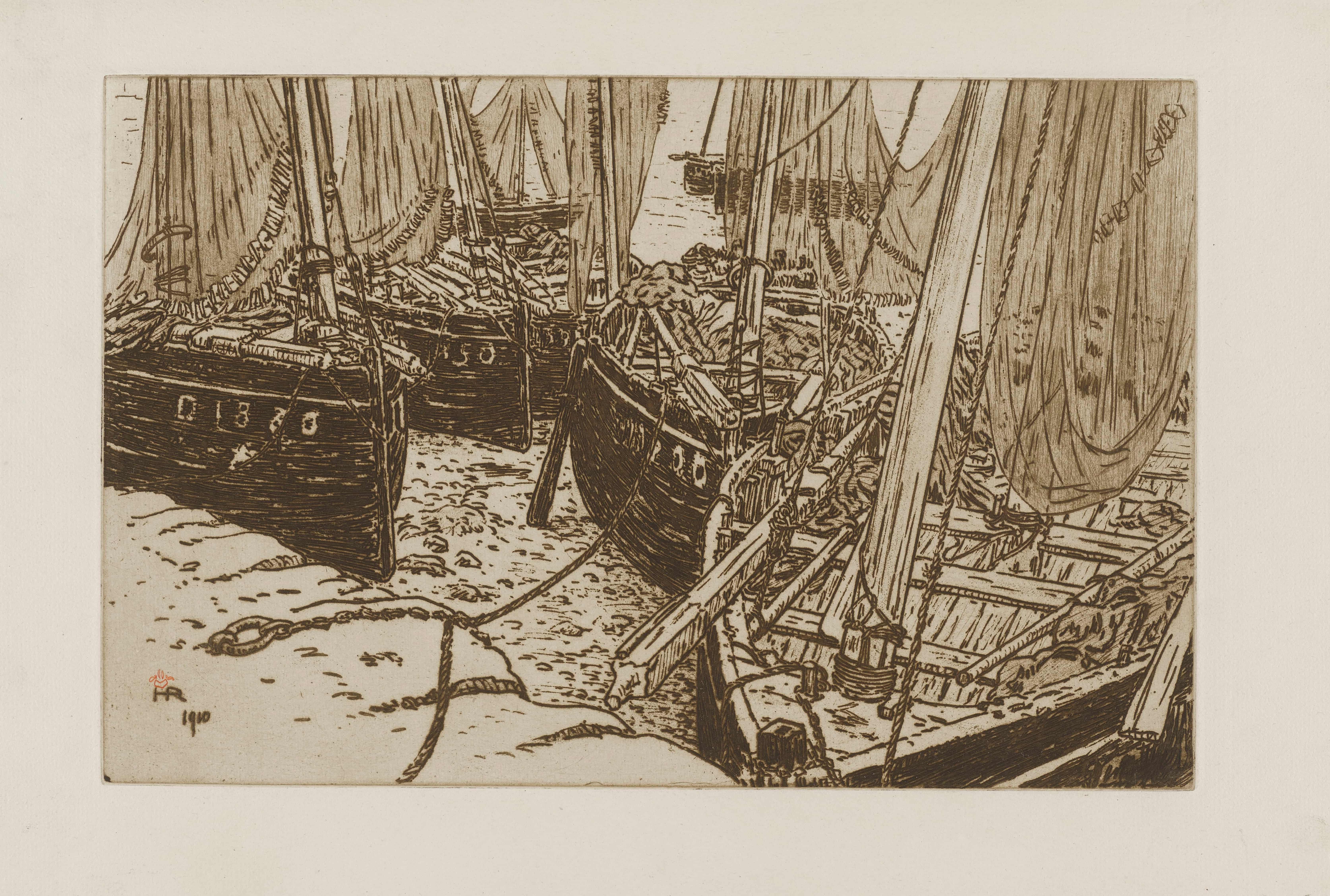 《特雷布尔港低潮中的船只》（Boats at low tide in the port of Tréboul）｜亨利·里维埃 Henri Rivière｜1910