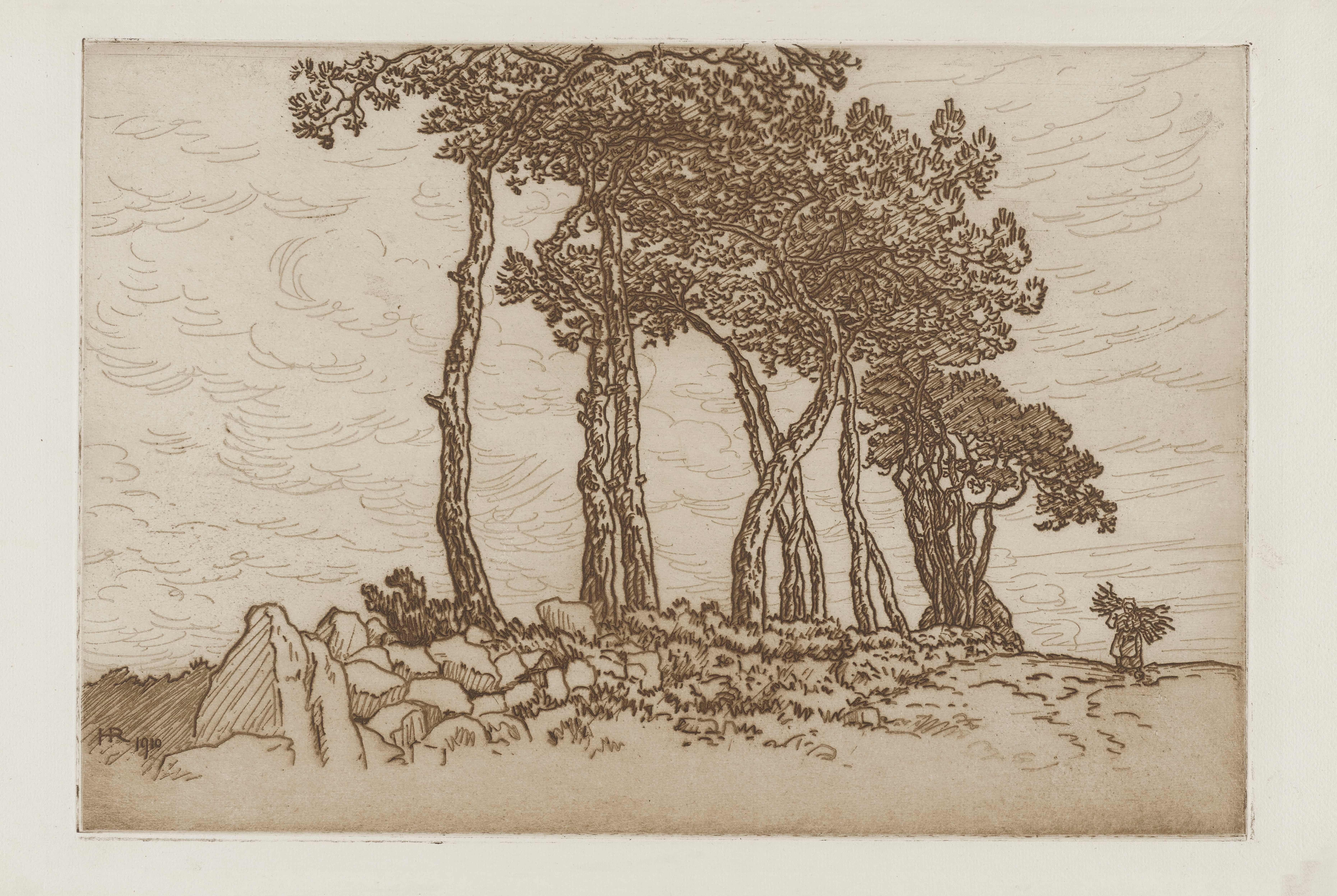 《老妇人在一排树附近拎着一个包裹》（Old woman carrying a bundle near a row of trees）｜亨利·里维埃 Henri Rivière｜1910