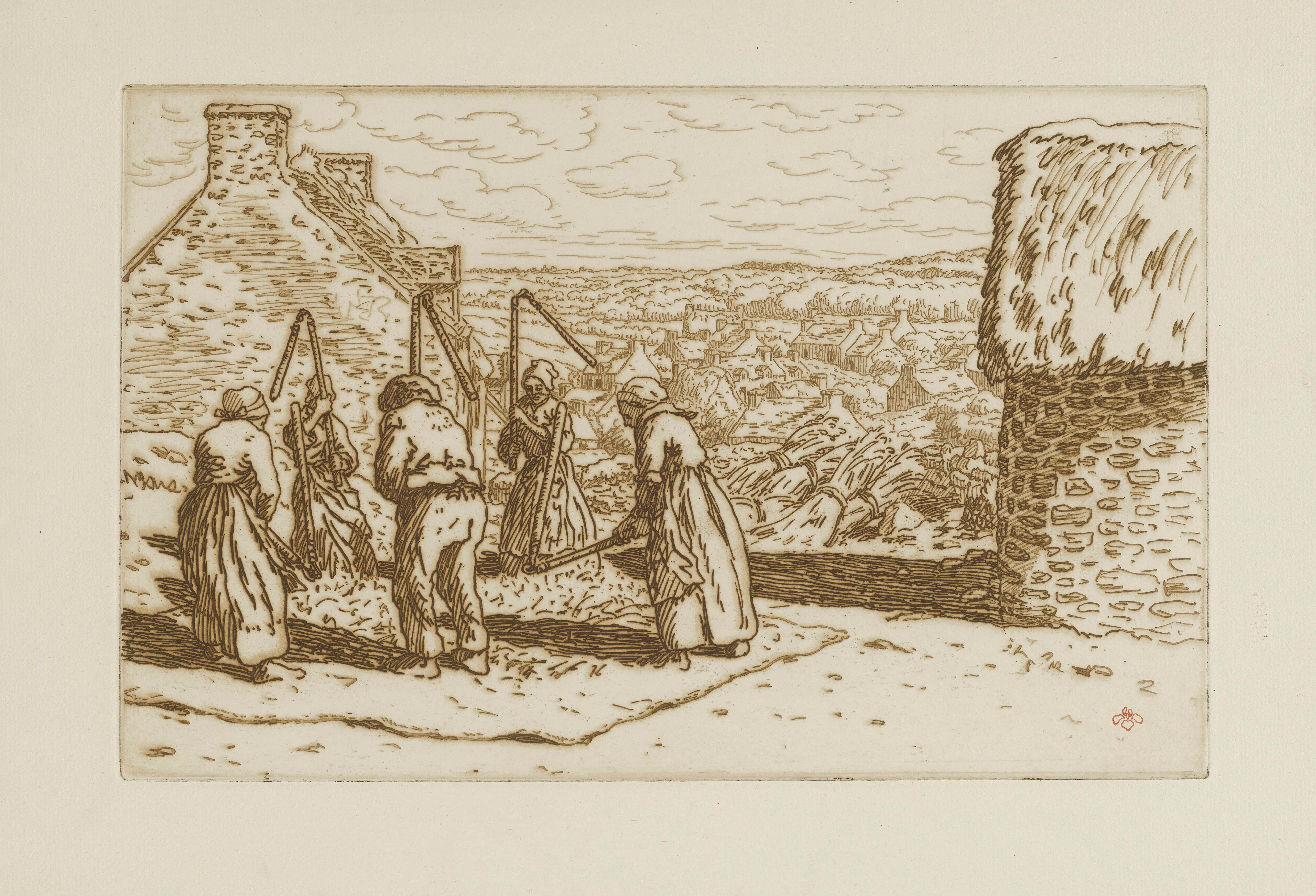 《男人和四个女人正在打麦子》（Man and four women threshing wheat）｜亨利·里维埃 Henri Rivière｜1911