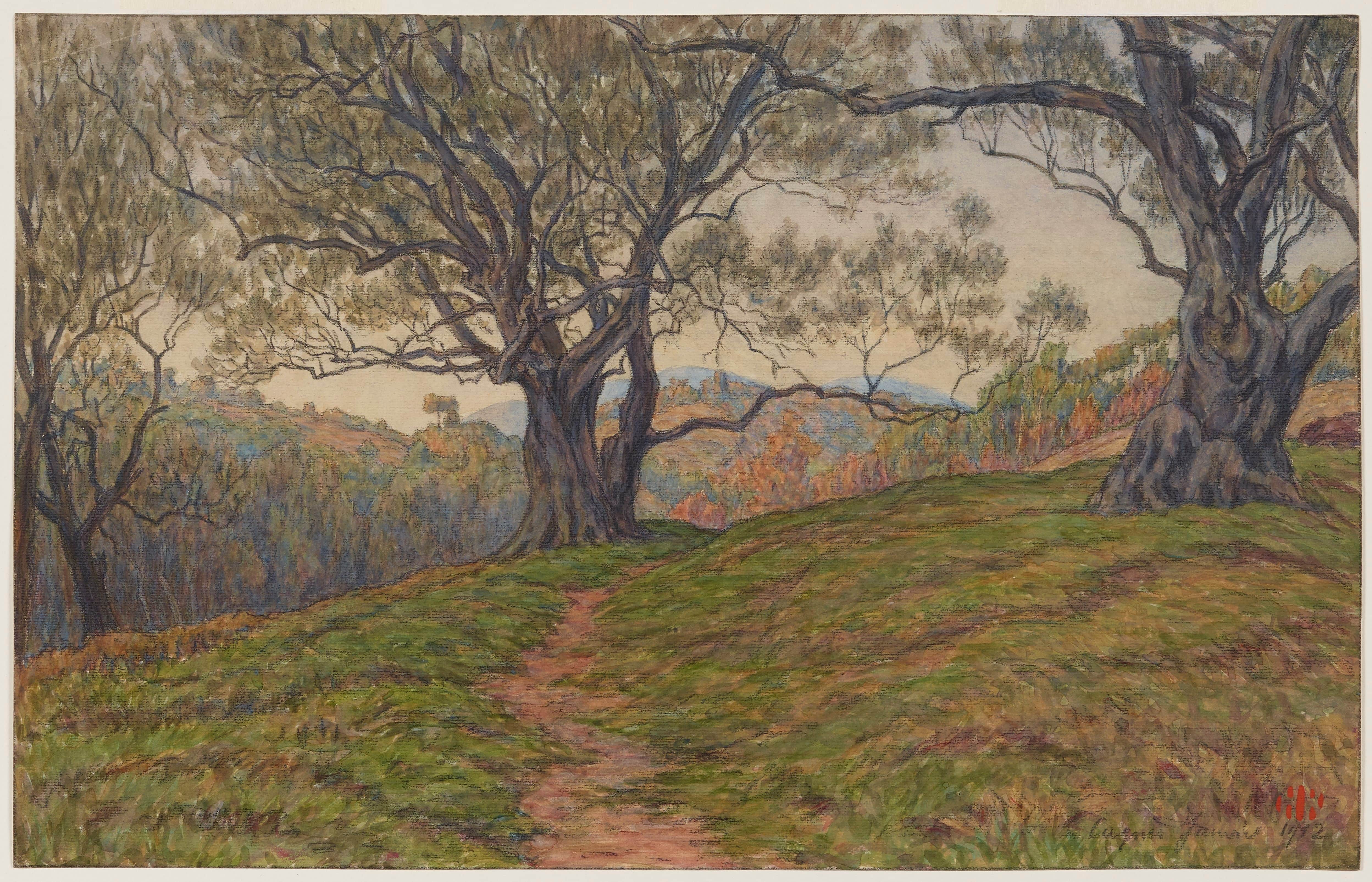 《橄榄树的研究。卡涅斯》（Study of olive trees. Cagnes）｜亨利·里维埃 Henri Rivière｜1912