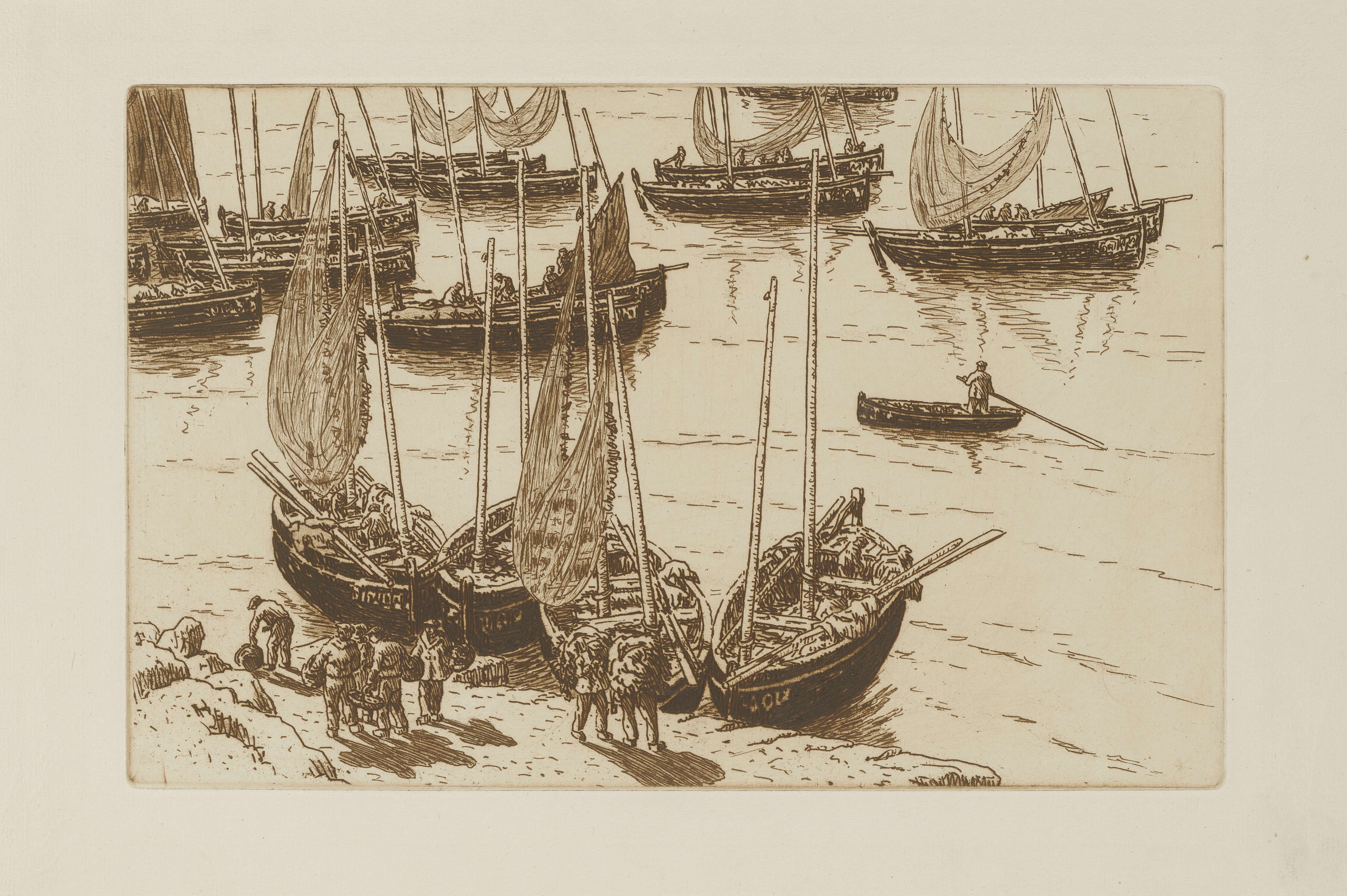 《渔民抵达特雷布尔》（Arrival of fishermen in Tréboul）｜亨利·里维埃 Henri Rivière｜1912