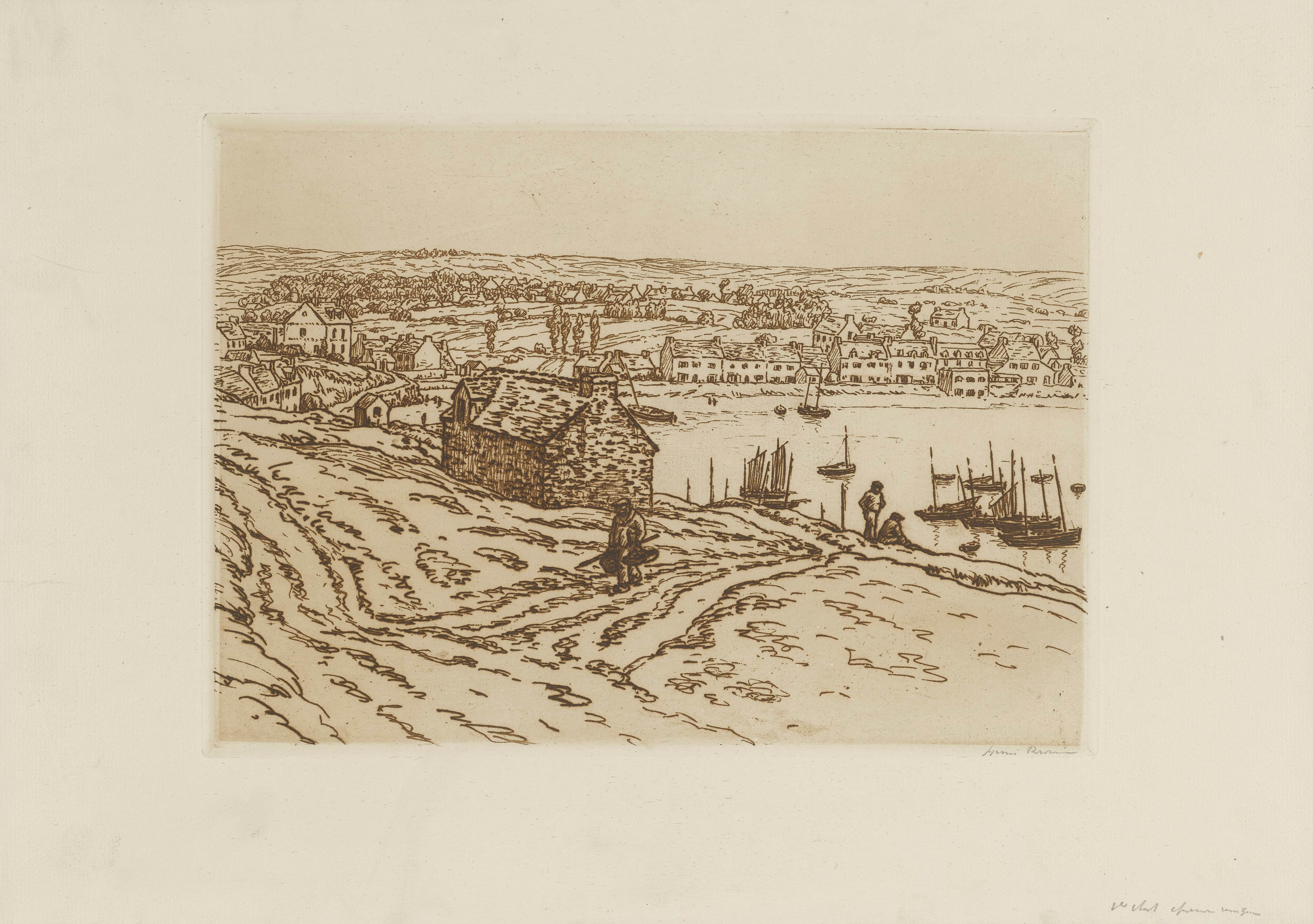 《布列塔尼小港口、渔民和船只》（Small Breton port, fishermen and boats）｜亨利·里维埃 Henri Rivière｜1912