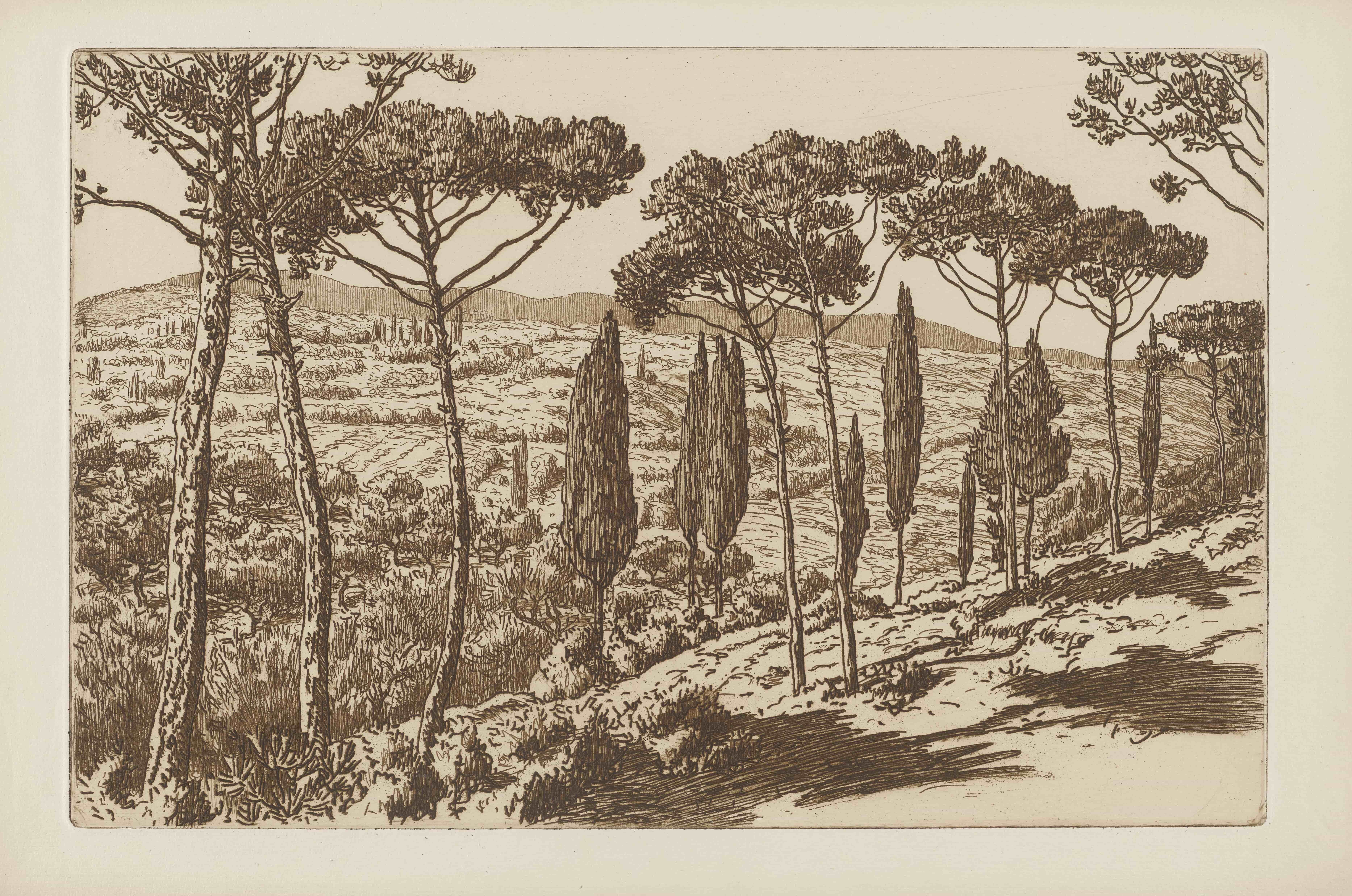 《阿西西山或松树和柏树的景色》（View of the hills of Assisi or Pines and cypresses）｜亨利·里维埃 Henri Rivière｜1913