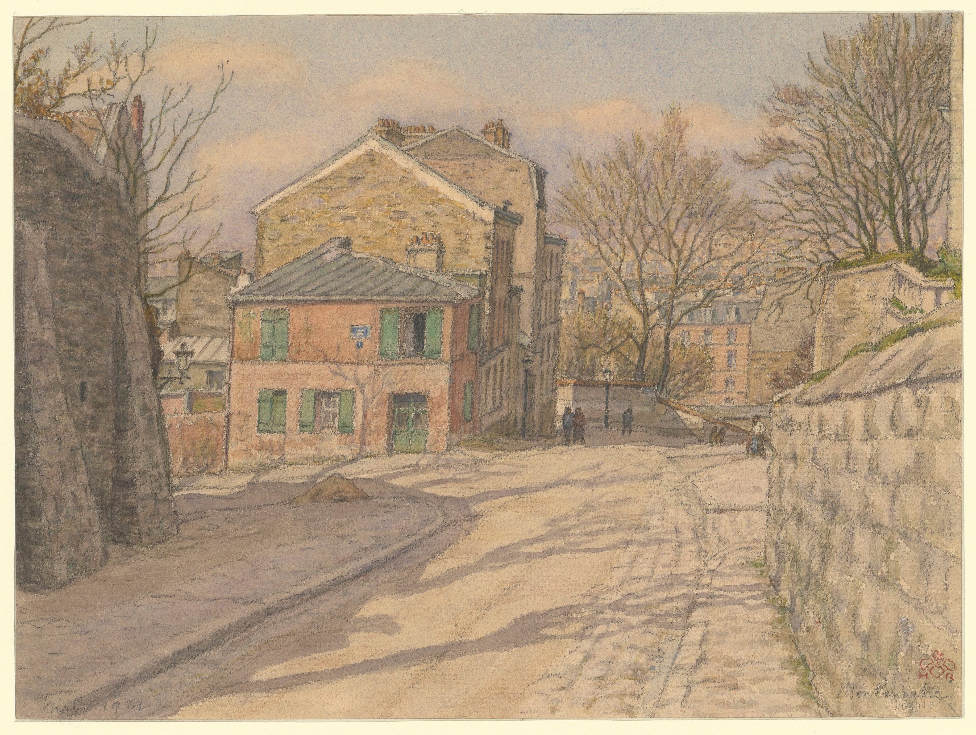《蒙马特（rue des Saules 和 rue de l’Abreuvoir 拐角处）》（Montmartre (corner of rue des Saules and rue de l’Abreuvoir)）｜亨利·里维埃 Henri Rivière｜1921