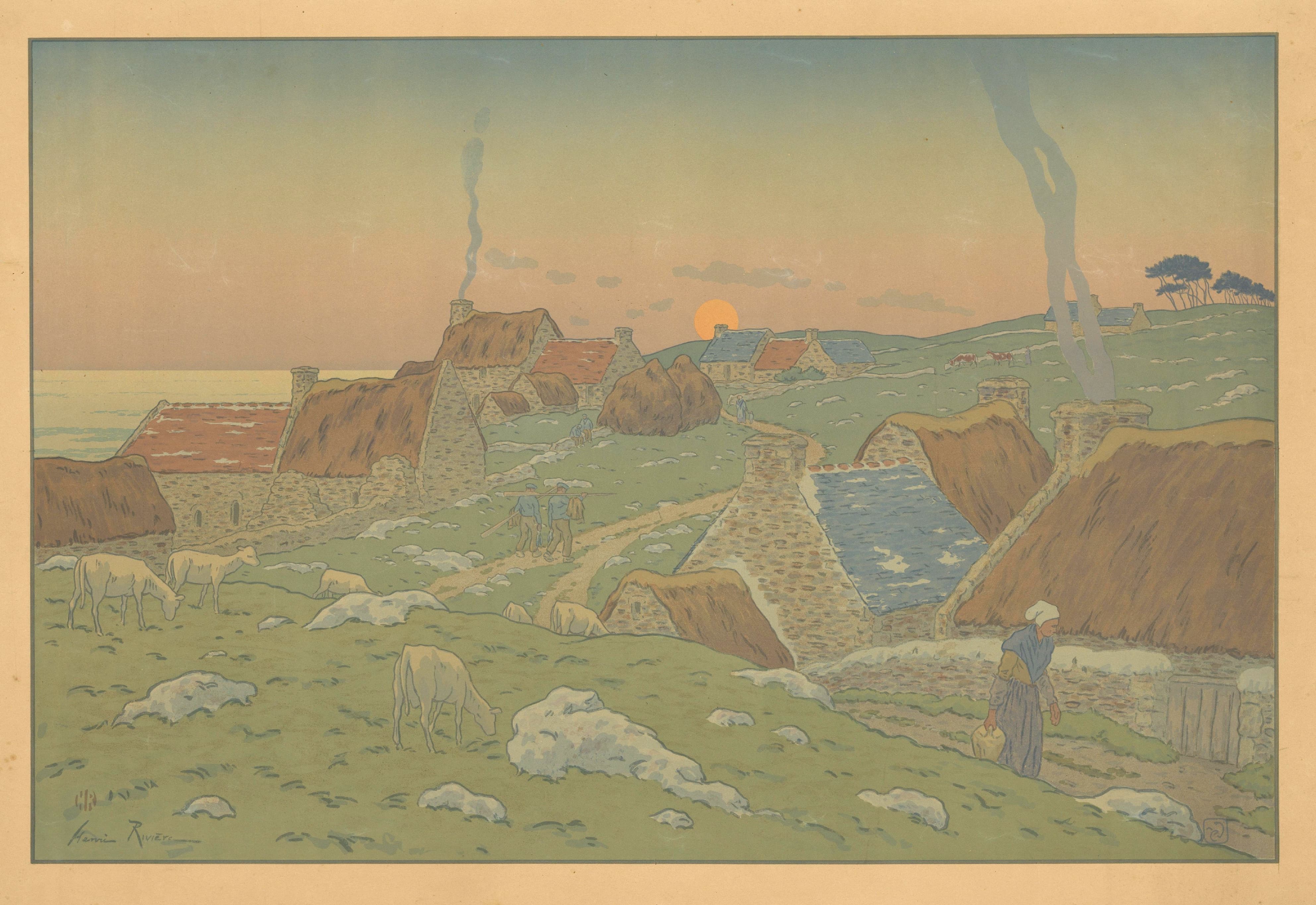 《布列塔尼渔村的日落》（Breton fishing village at sunset）｜亨利·里维埃 Henri Rivière｜不明