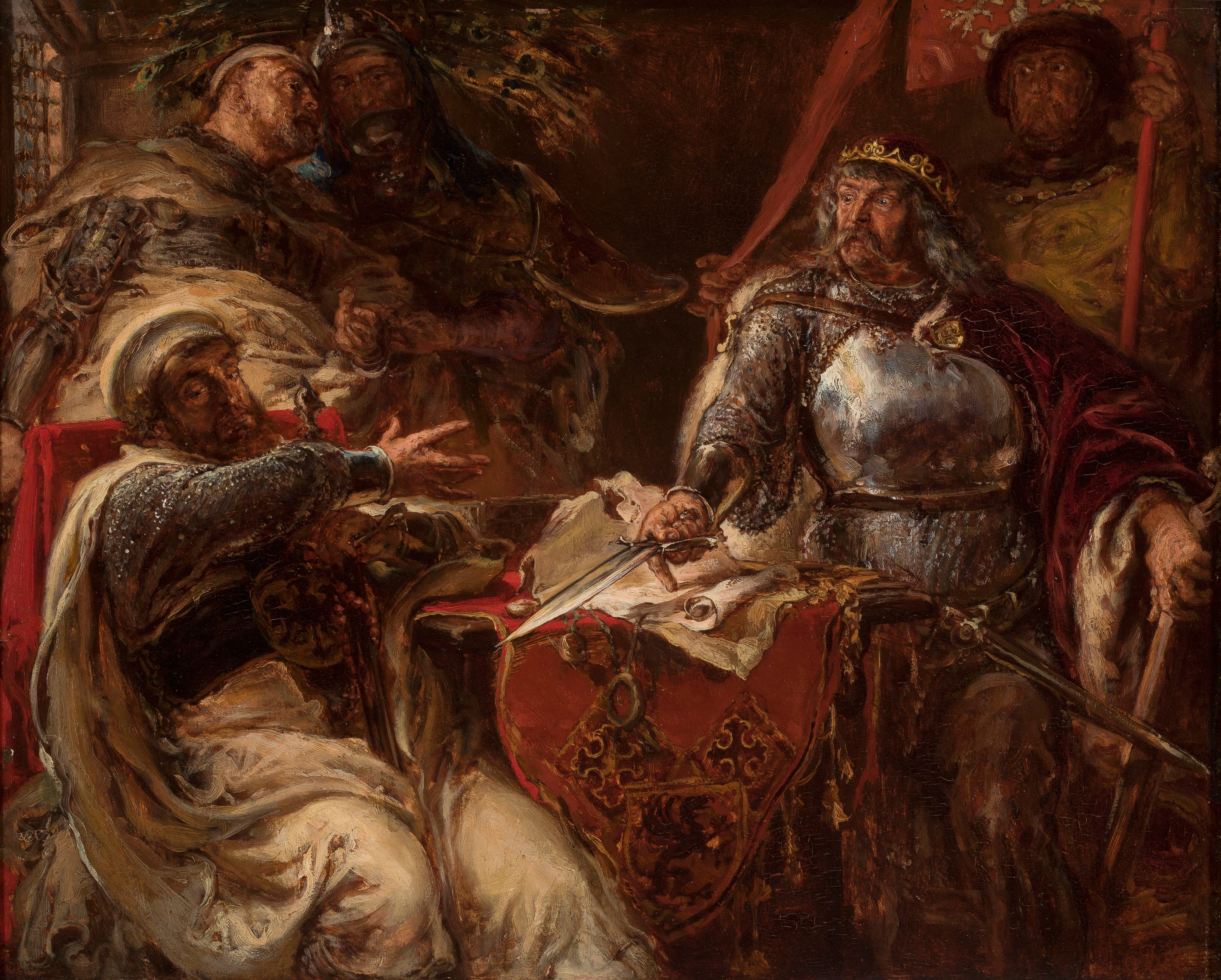 《瓦迪斯瓦夫·沃基特克国王终止与条顿骑士团的谈判》（King Władysław Łokietek breaks negotiations with the Teutonic Knights）｜扬·马泰伊科 Jan Matejko｜1879