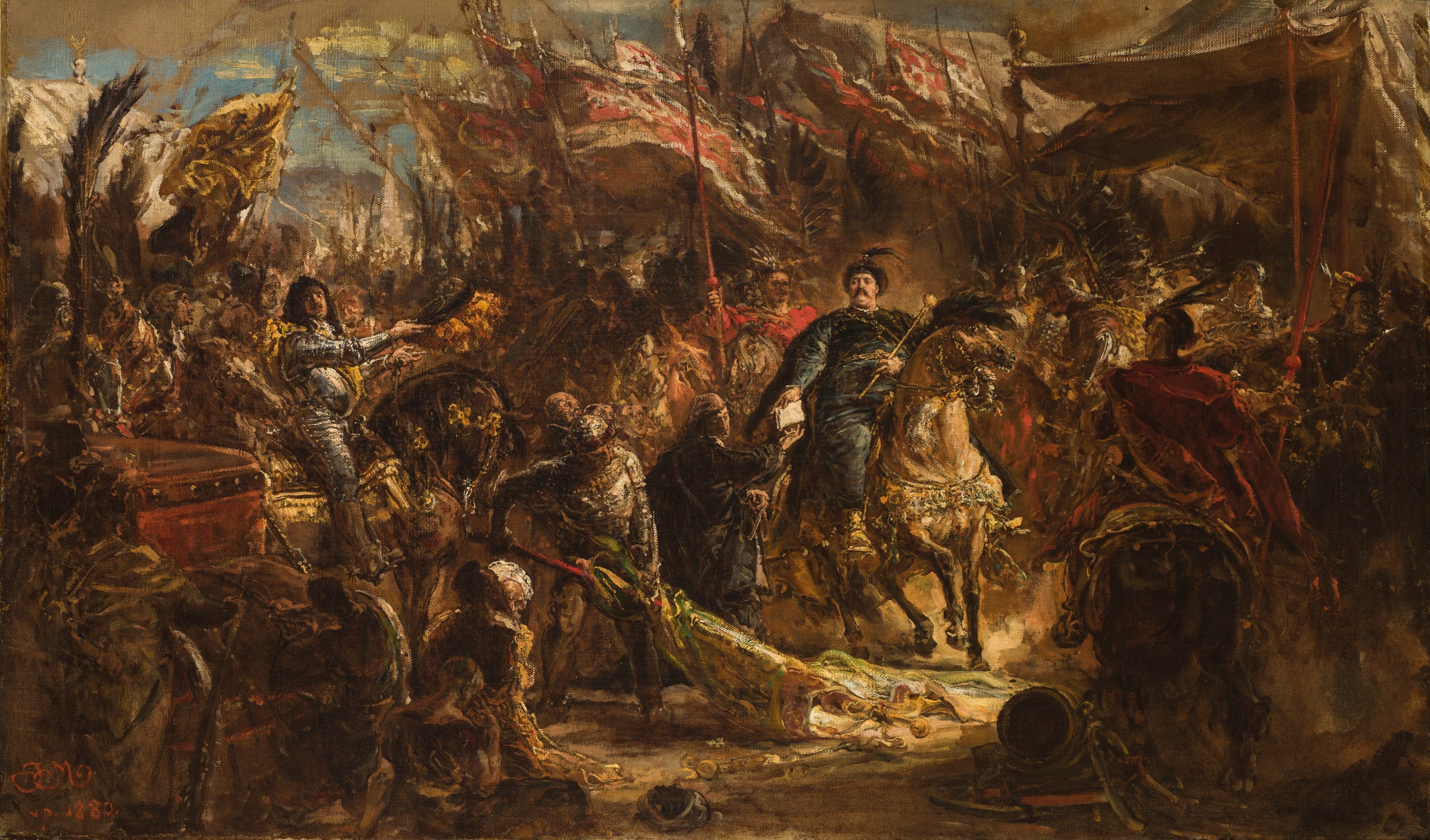 《扬三世·索别斯基 (Jan III Sobieski) 向卡农·丹霍夫 (Canon Denhoff) 递交了一封写给教皇的信，信中载有 1683 年在维也纳战胜土耳其人的消息》（Jan III Sobieski Hands Canon Denhoff a Letter to the Pope with the Message of the Victory over the Turks at Vienna in 1683）｜扬·马泰伊科 Jan Matejko｜1880
