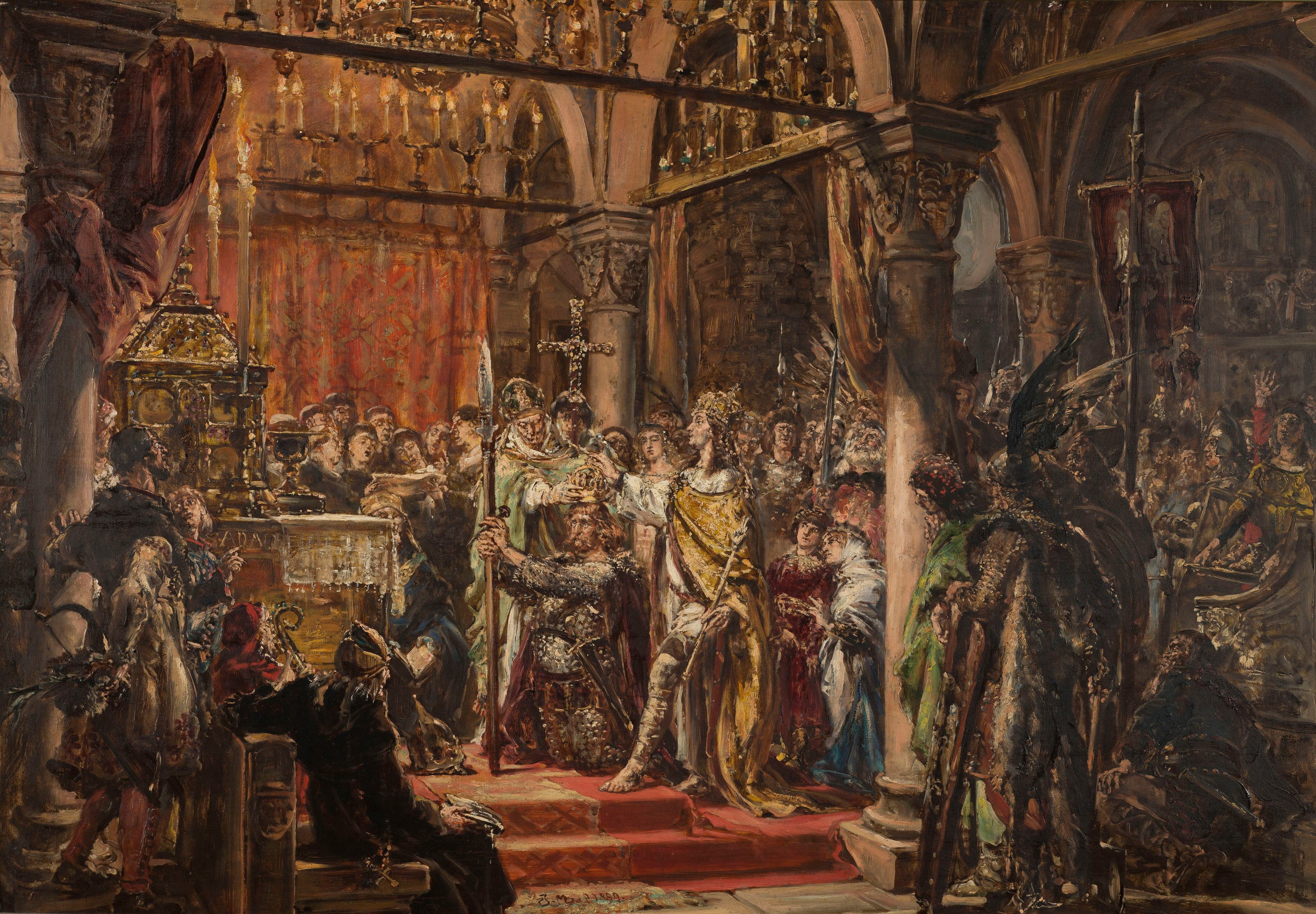 《公元 1001 年第一位国王的加冕，选自“波兰文明史”系列》（Coronation of the First King, 1001 AD, from the series “History of Civilization in Poland”）｜扬·马泰伊科 Jan Matejko｜1889