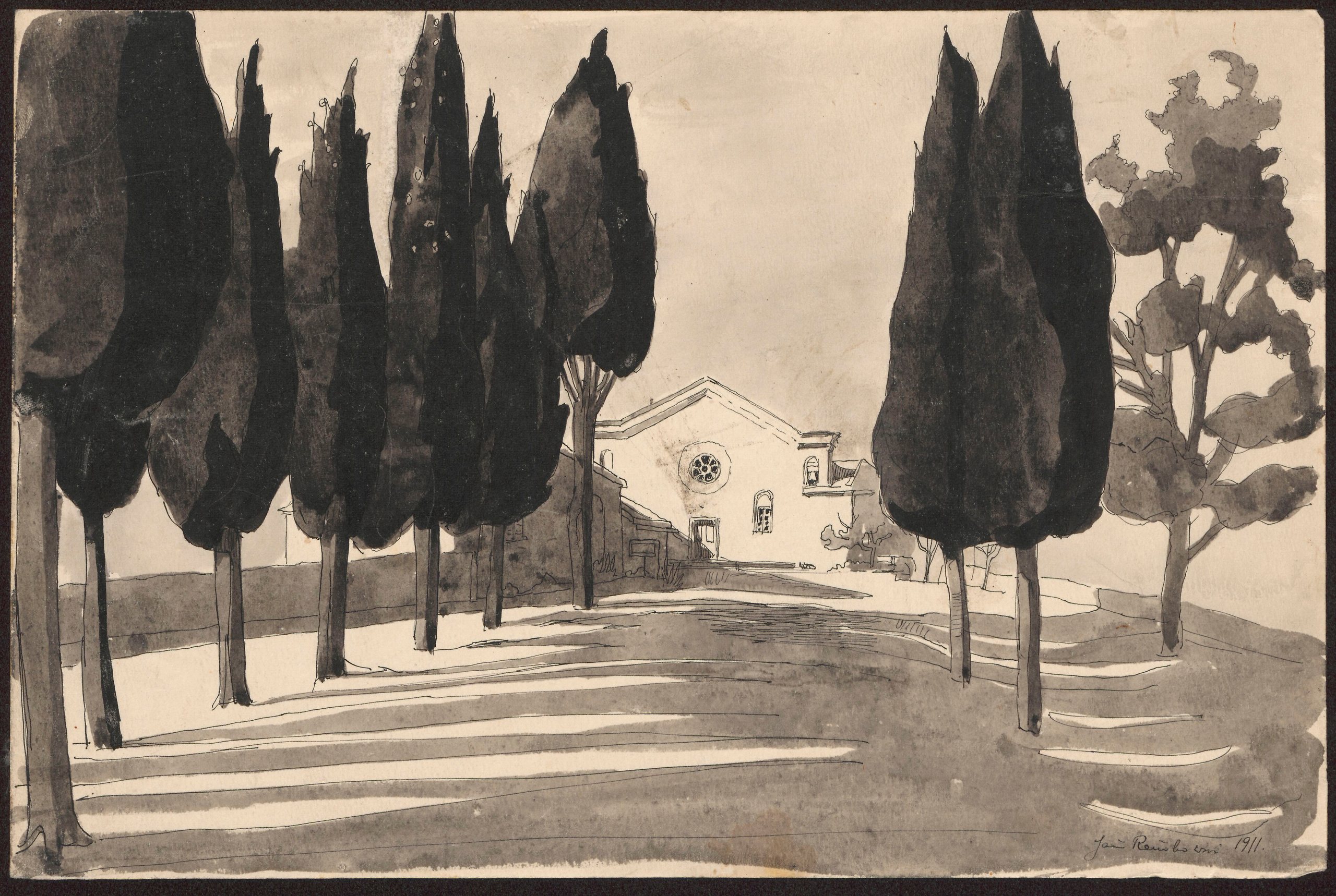 《风景如画，有一条通向教堂的树木小巷》（Landscape with an alley of trees leading to a church）｜扬·伦博夫斯基 Jan Rembowski｜1911