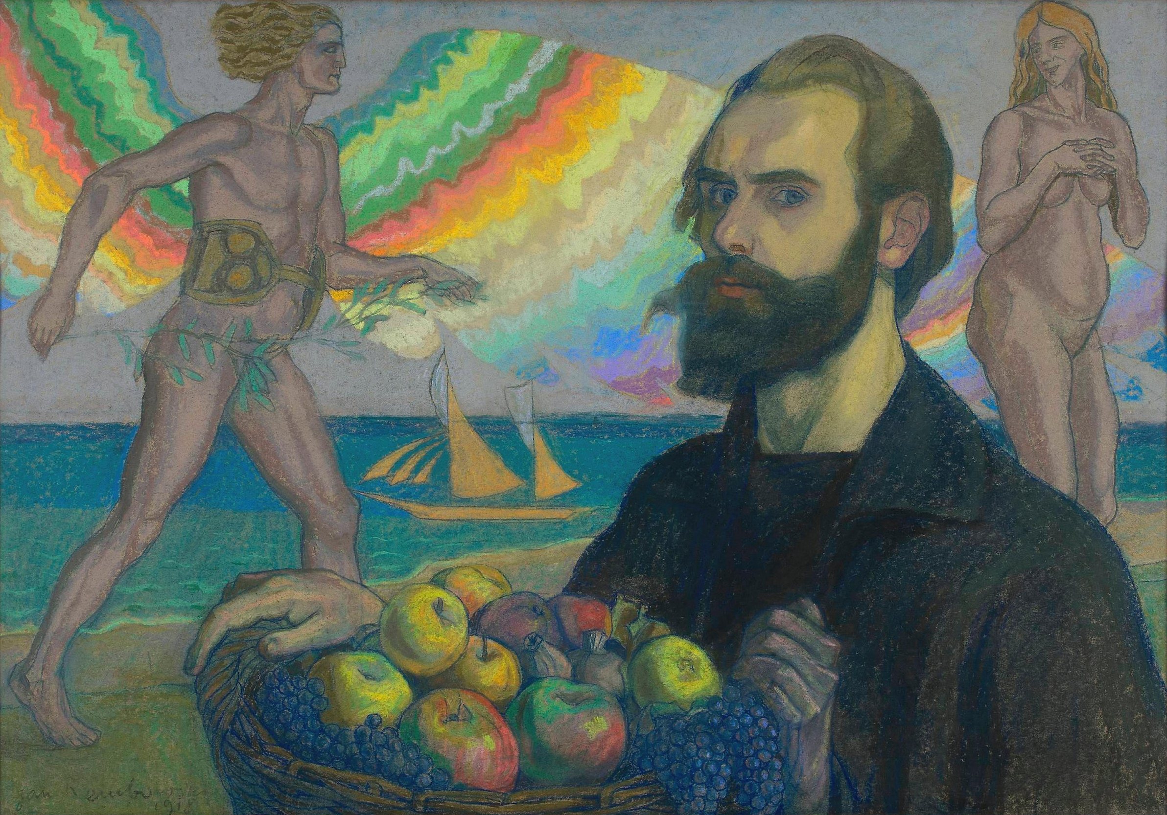 《以大海为背景提着一篮水果的自画像》（Self-portrait with a basket of fruit against the background of the sea）｜扬·伦博夫斯基 Jan Rembowski｜1918