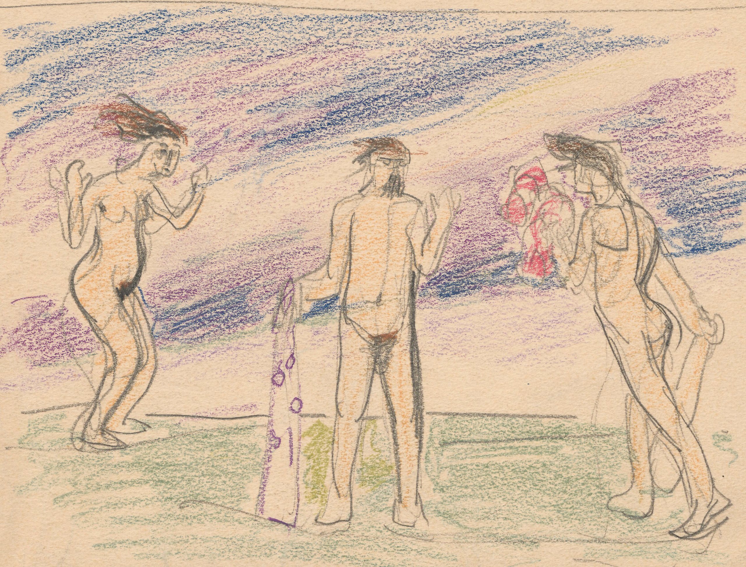 《三个裸体人物，《战斗》构图草图，两侧》（Three naked figures, sketch for the composition “The Fight”, on both sides）｜扬·伦博夫斯基 Jan Rembowski｜不明