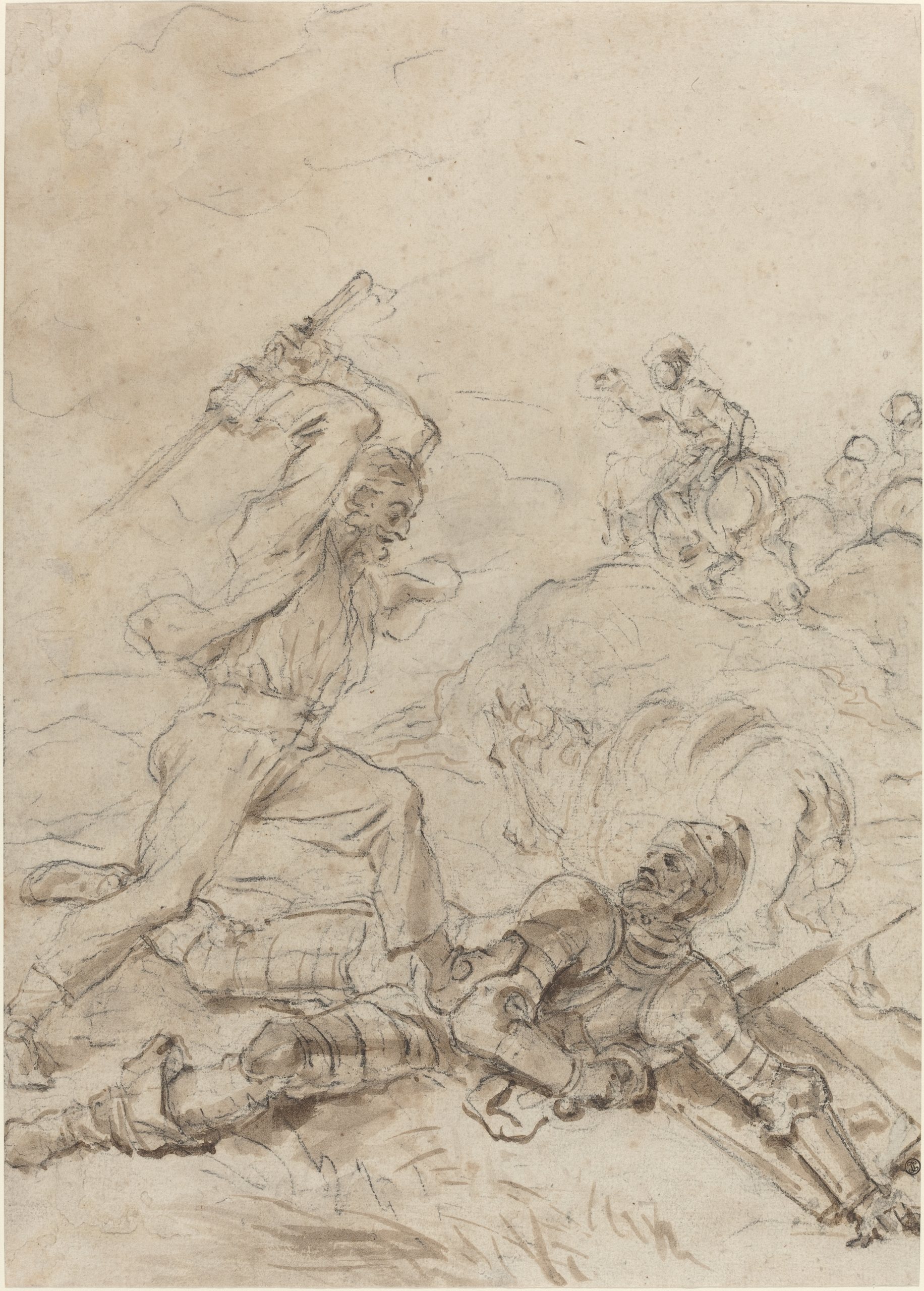 《当堂吉诃德无助地躺在地上时，骡夫袭击了他》（The Muleteer Attacking Don Quixote as He Lies Helpless on the Ground）｜让-奥诺雷·弗拉戈纳尔 Jean-Honoré Fragonard｜1780年代