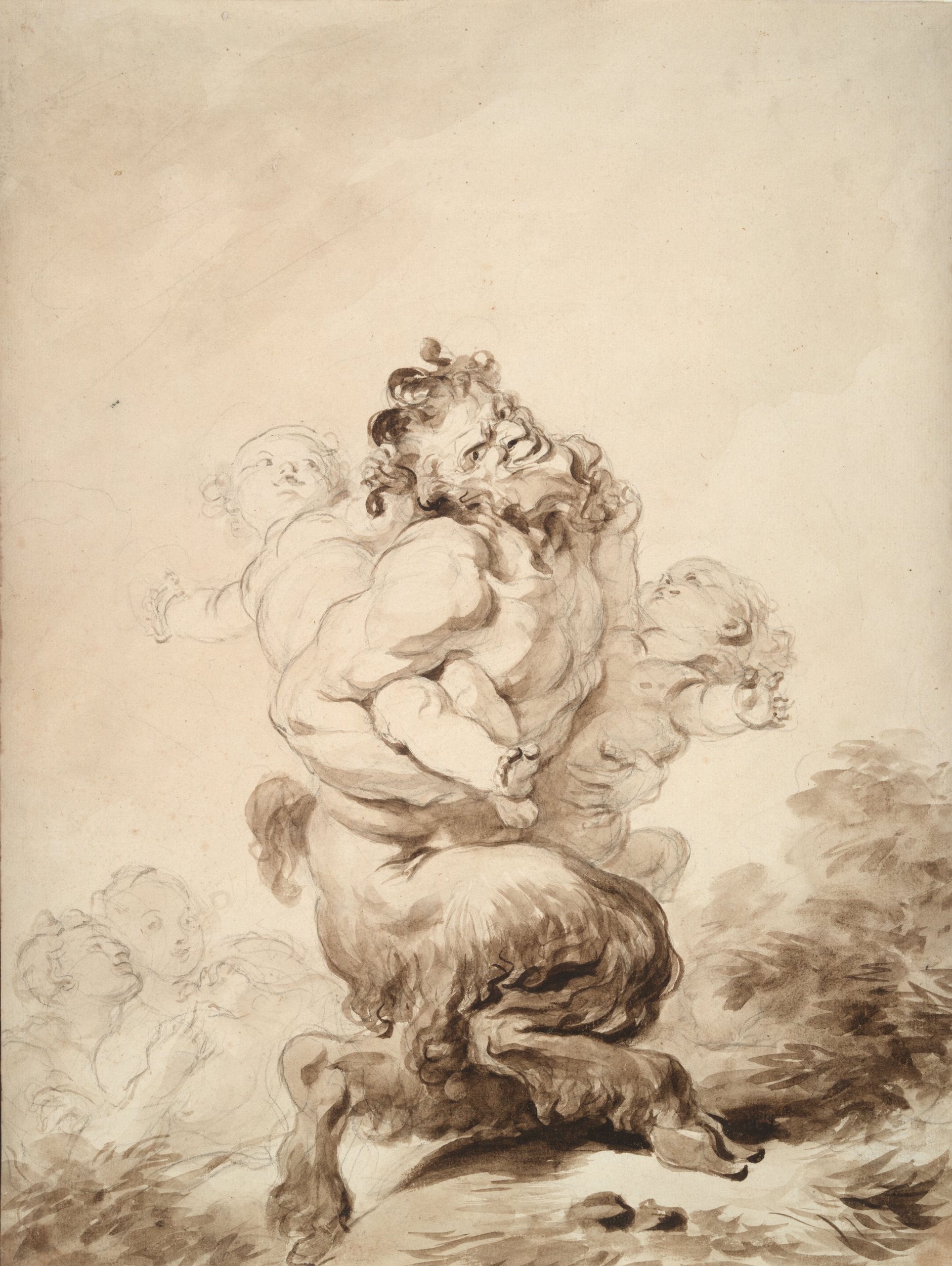 《一个色狼被两个普蒂戏弄》（A Satyr Teased by Two Putti）｜让-奥诺雷·弗拉戈纳尔 Jean-Honoré Fragonard｜1774