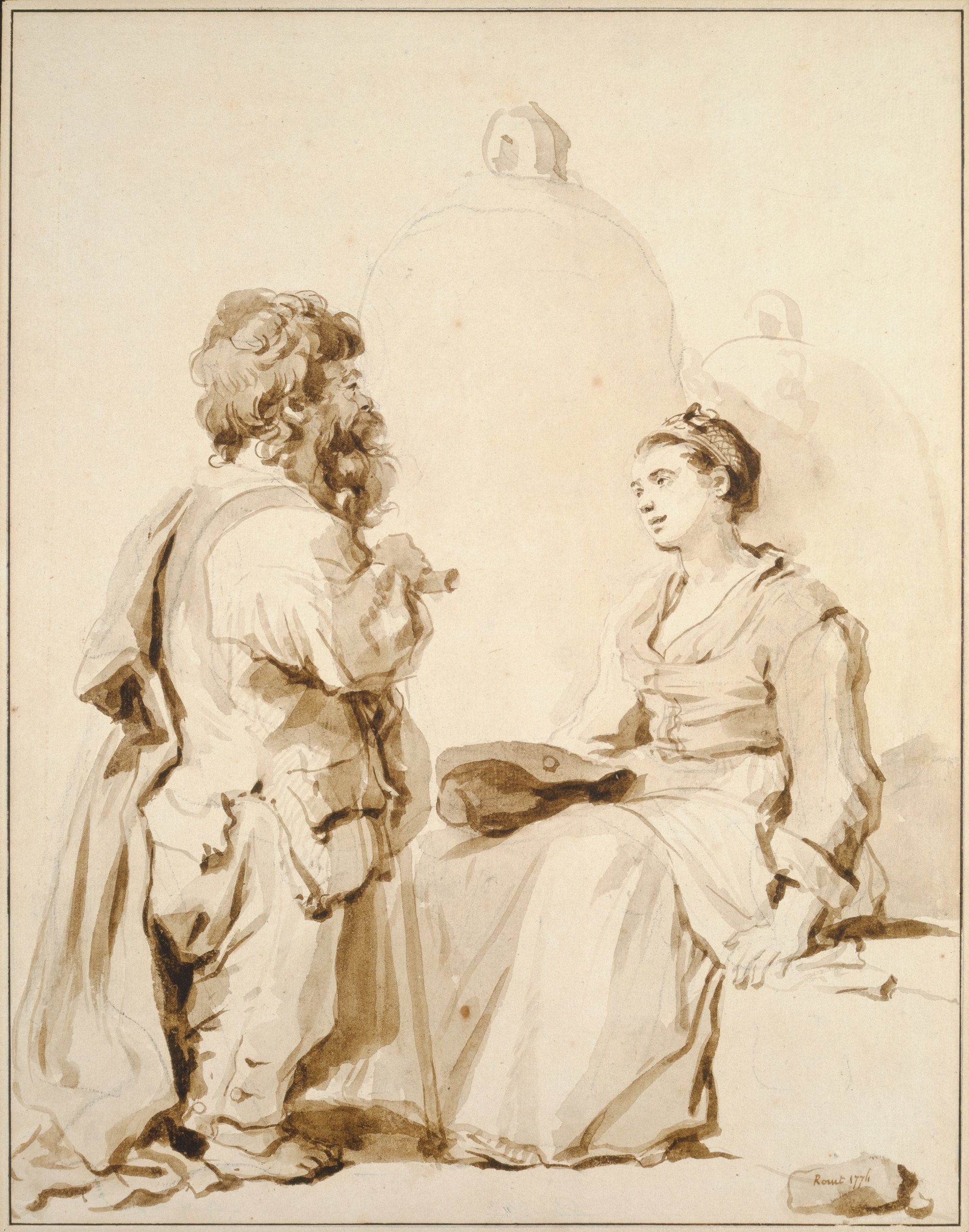 《一个矮人和一个年轻女子说话》（A dwarf and a young woman talking）｜让-奥诺雷·弗拉戈纳尔 Jean-Honoré Fragonard｜1774