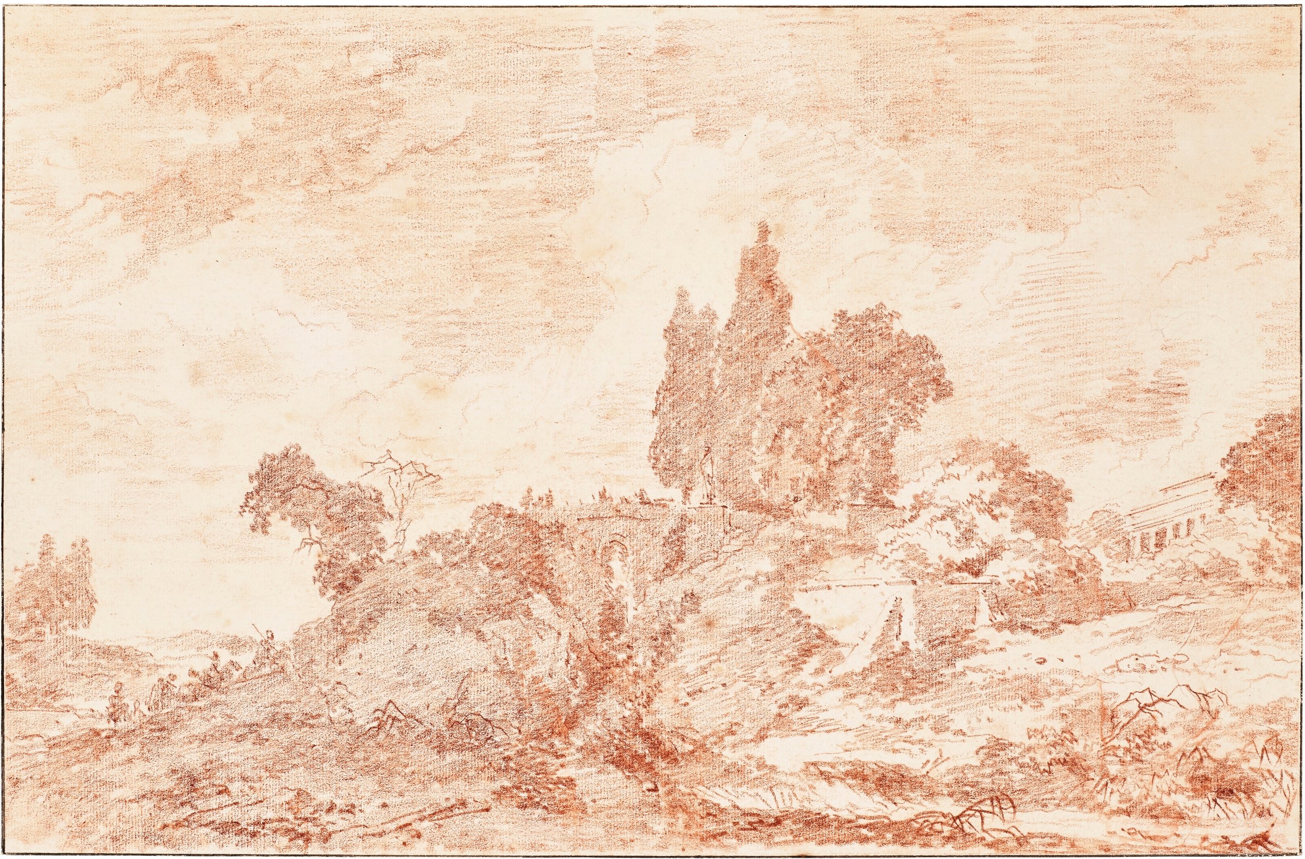 《树木繁茂的风景和远处的别墅》（A wooded landscape with a distant villa）｜让-奥诺雷·弗拉戈纳尔 Jean-Honoré Fragonard｜不明