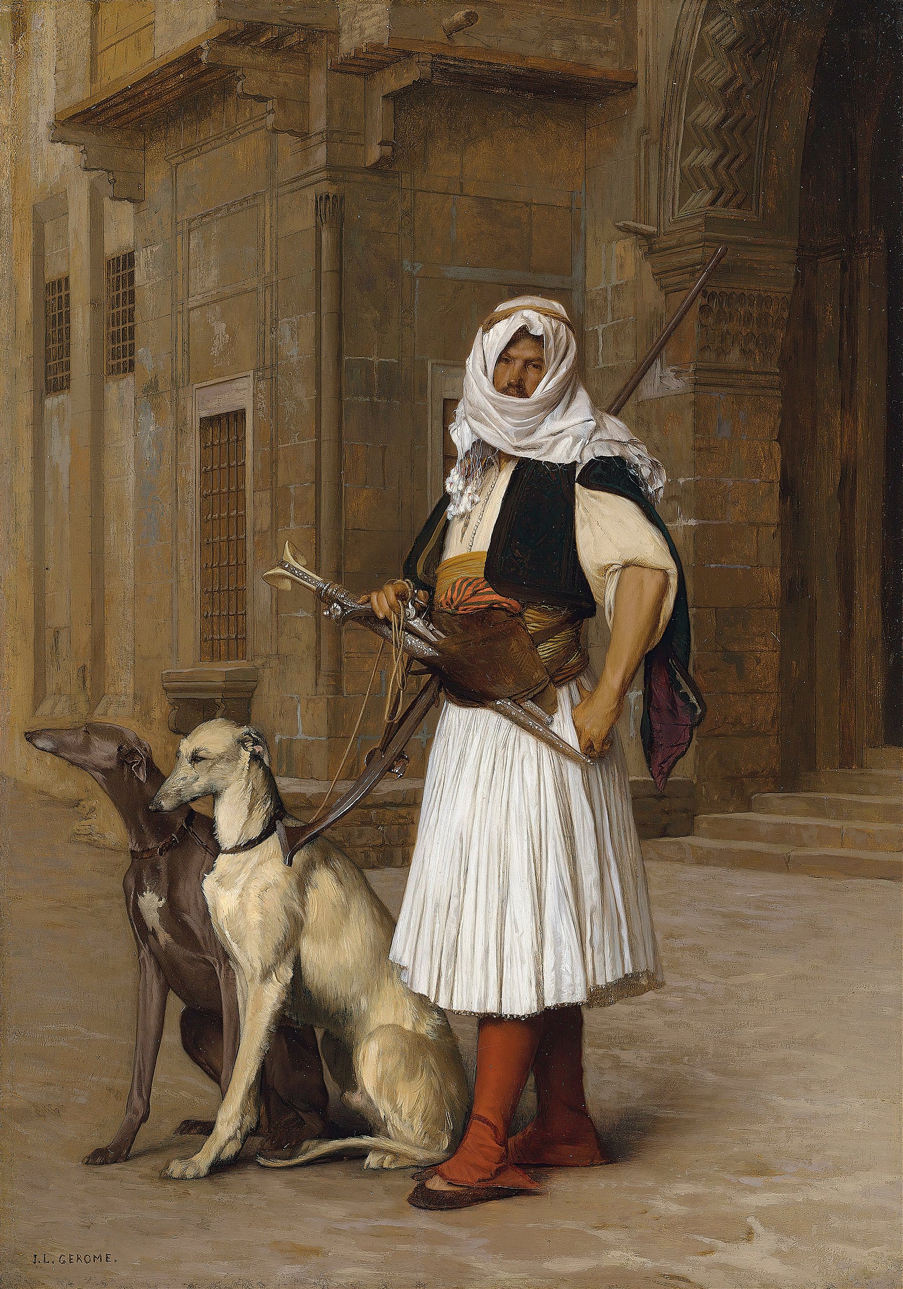 《阿诺特和两只惠比特犬》（Arnaut and two Whippets）｜让-莱昂·热罗姆 Jean-Léon Gérôme｜1867