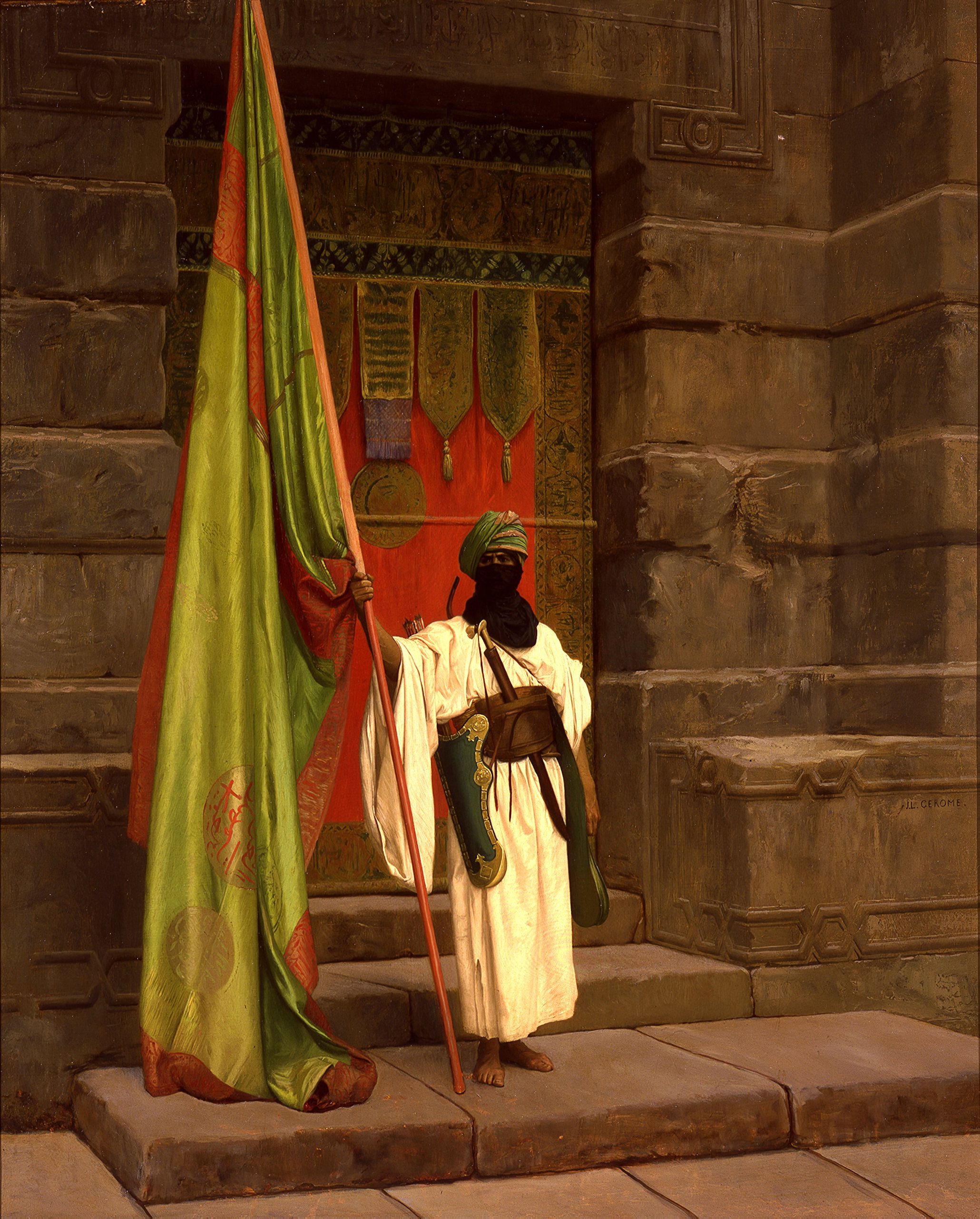 《站立的旗手展开圣旗》（The Standing Bearer, Unfolding The Holy Flag）｜让-莱昂·热罗姆 Jean-Léon Gérôme｜1876
