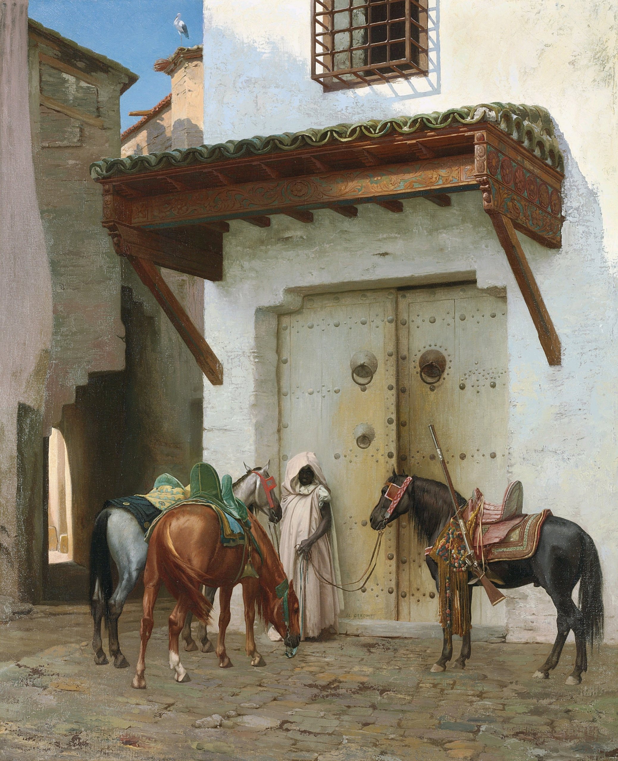 《奴隶牵着的马（La Halte）》（Horses held by a slave (La Halte)）｜让-莱昂·热罗姆 Jean-Léon Gérôme｜1875