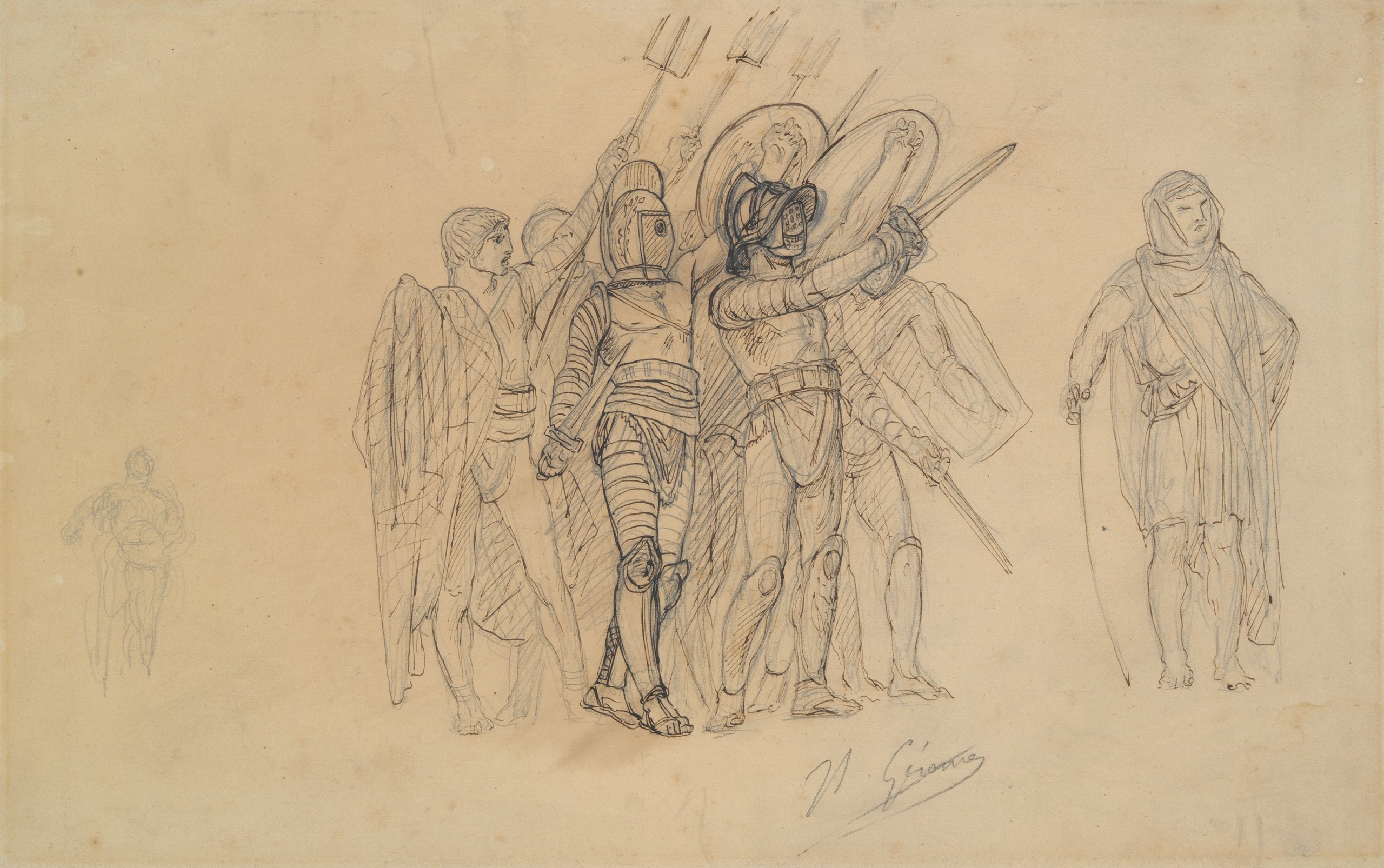《预习《Ave Caesar, Morituri te Salutant》（凯撒万岁！我们即将死去的人向你致敬）》（Preparatory study for ‘Ave Caesar, Morituri te Salutant’ (Hail Caesar! We who are about to die salute you)）｜让-莱昂·热罗姆 Jean-Léon Gérôme｜1858