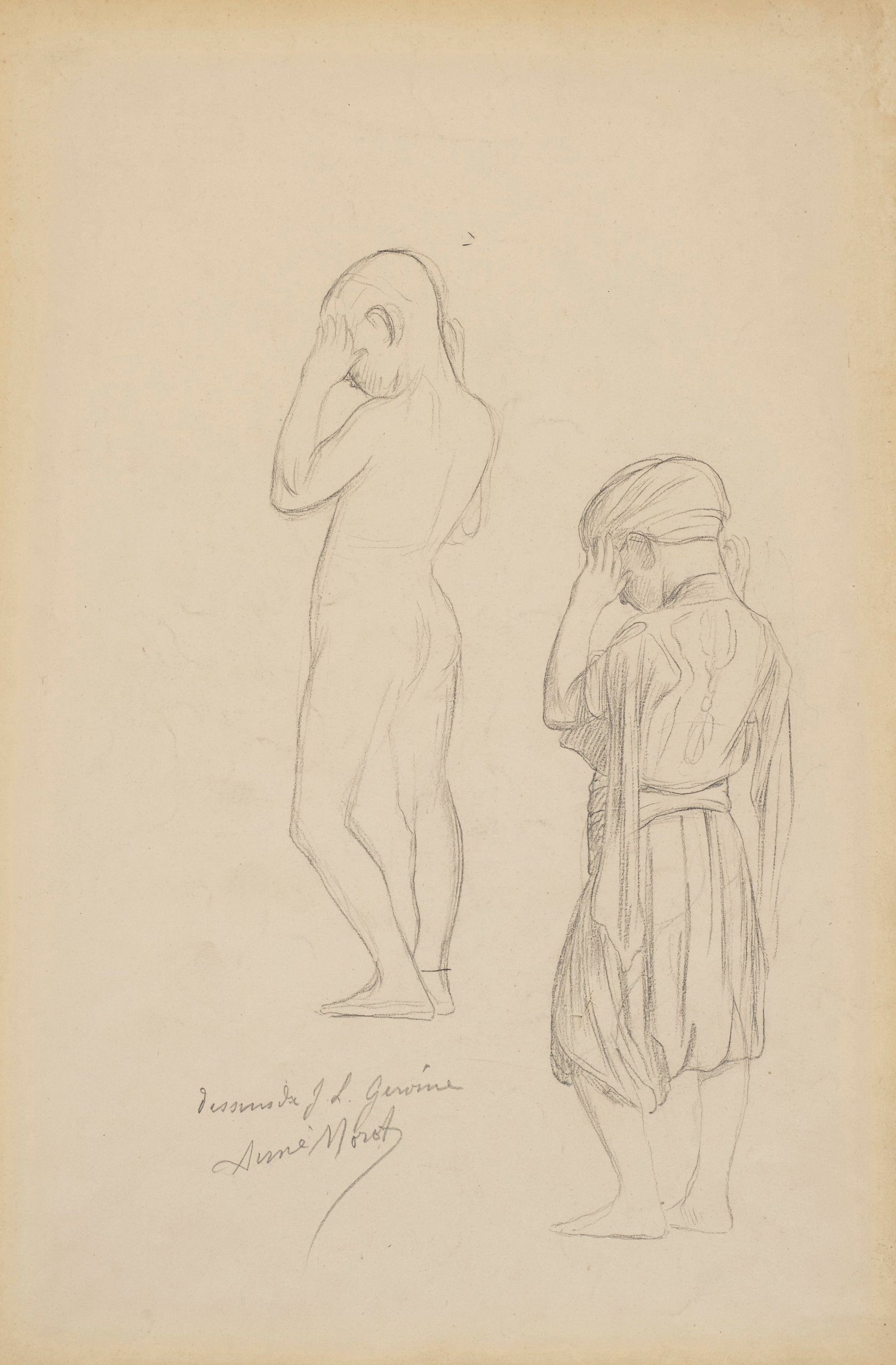 《两项关于一个站立男孩举起双手祈祷的研究》（Two studies of a standing boy holding his hands up in prayer）｜让-莱昂·热罗姆 Jean-Léon Gérôme｜不明