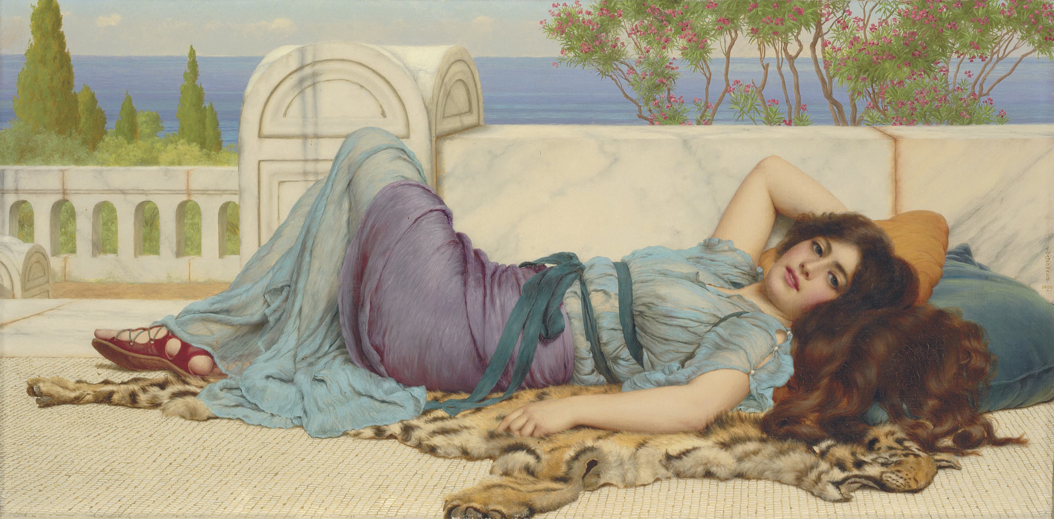 《恶作剧与休息》（Mischief and Repose）｜约翰·威廉·戈德沃德 John William Godward｜1909