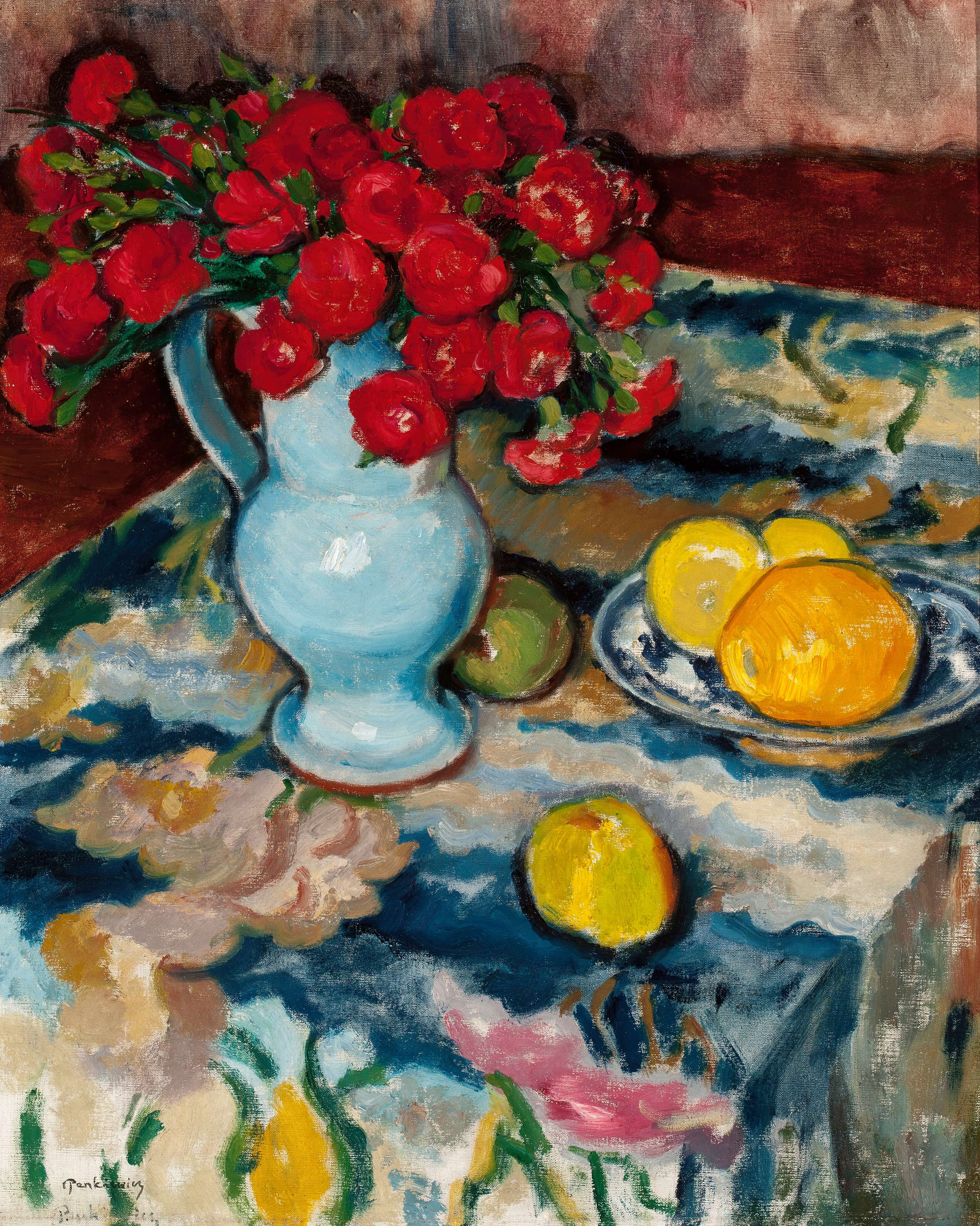 《红色康乃馨（有蓝色花瓶的静物）》（Red carnations (Still life with a blue vase)）｜约瑟夫·潘凯维奇 Józef Pankiewicz｜约 1910
