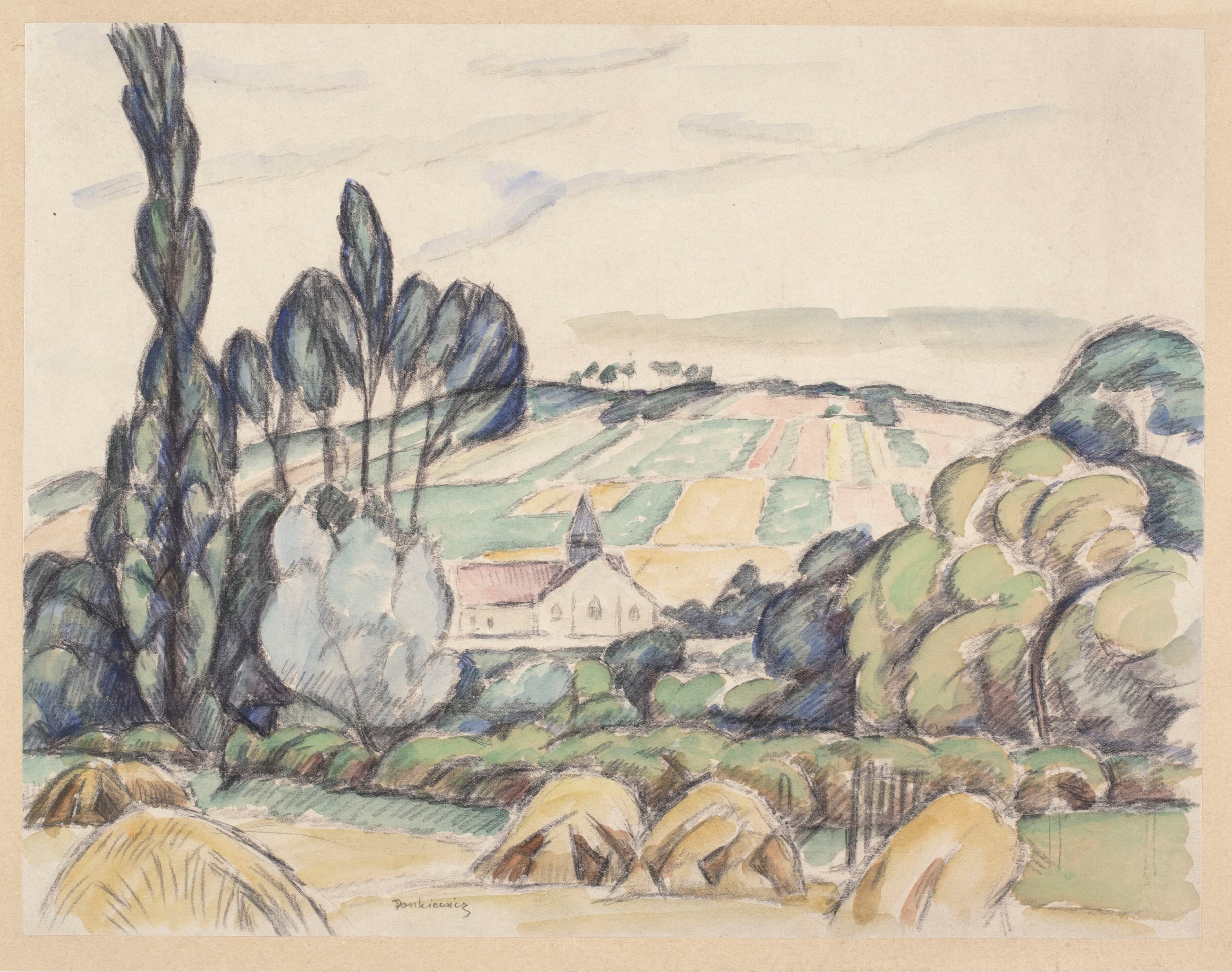 《吉维尼的风景，远处是圣拉德贡德教堂》（Landscape in Giverny with the church of St. Radegonde in the distance）｜约瑟夫·潘凯维奇 Józef Pankiewicz｜1912–1913