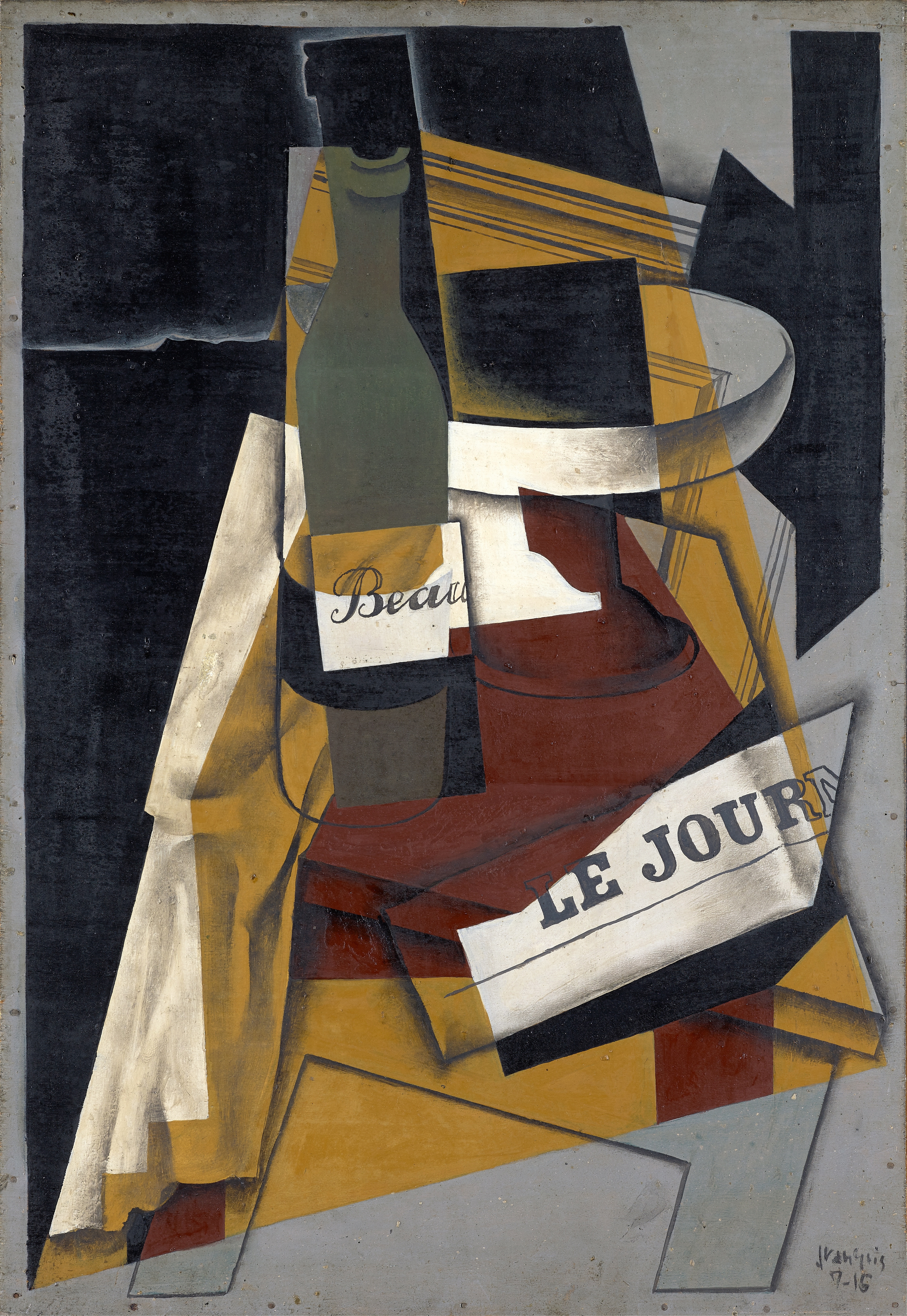 《瓶子和水果盘 瓶子报纸和水果盘》（bottle and fruit dish bottle newspaper and fruit bowl）｜胡安·格里斯 Juan Gris｜1916
