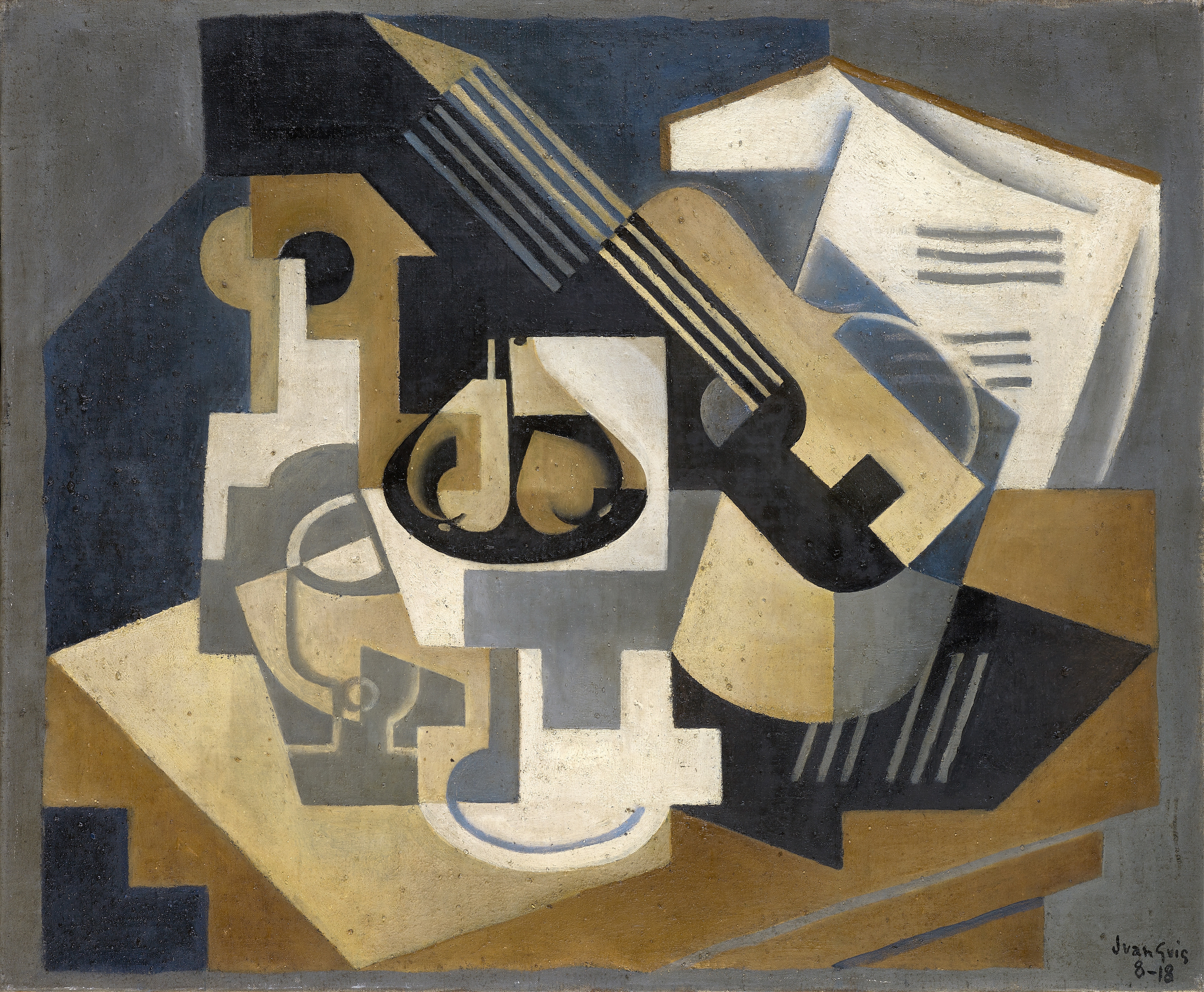 《桌子上的吉他和水果盘 吉他和水果盘》（guitar and fruit bowl on a table guitar and fruit bowl）｜胡安·格里斯 Juan Gris｜1917