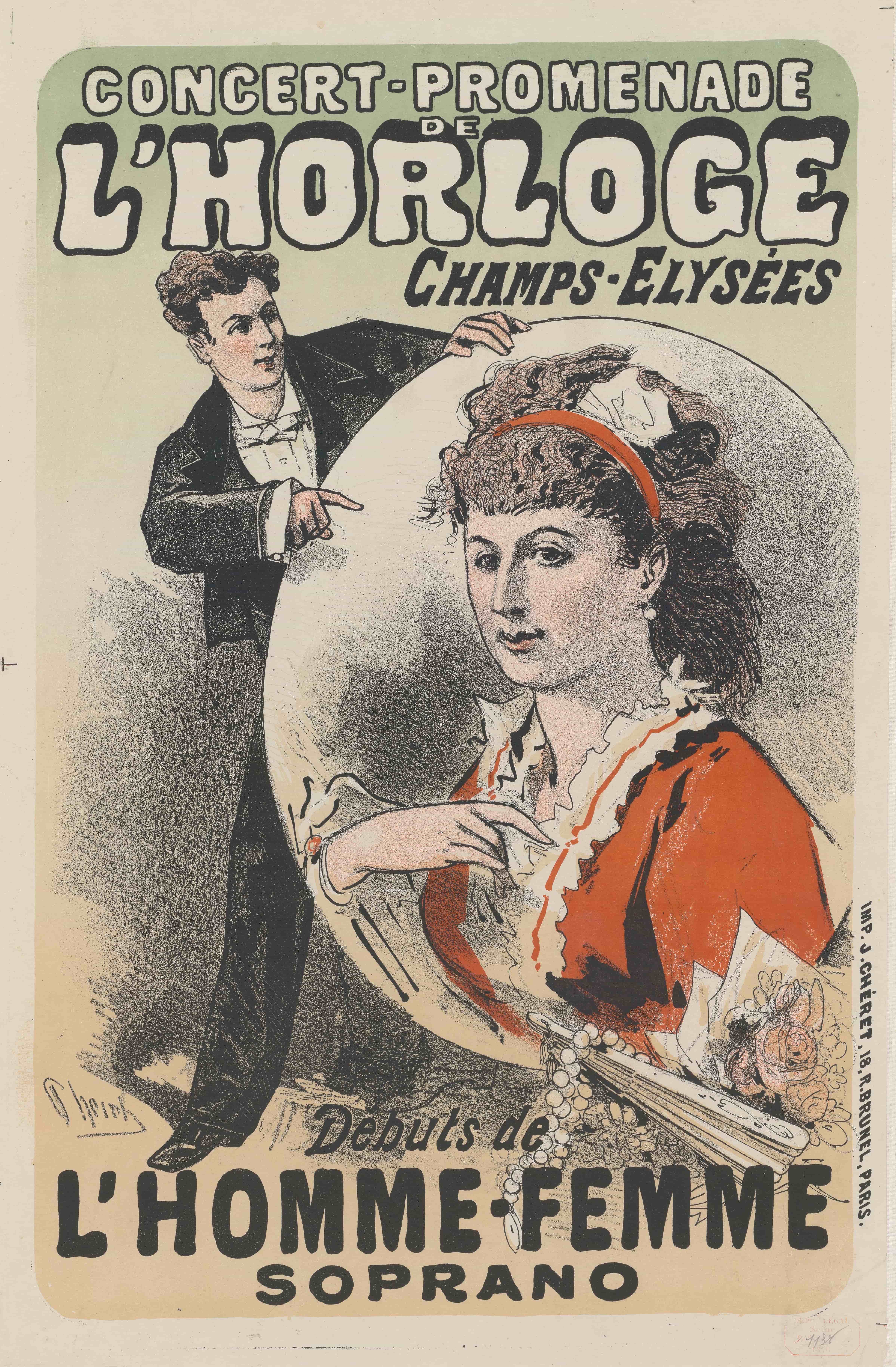 《钟楼音乐会长廊，女高音男女首演》（Concert-promenade de l'Horloge, Debut of the soprano man-woman）｜朱尔·谢雷 Jules Chéret｜1876