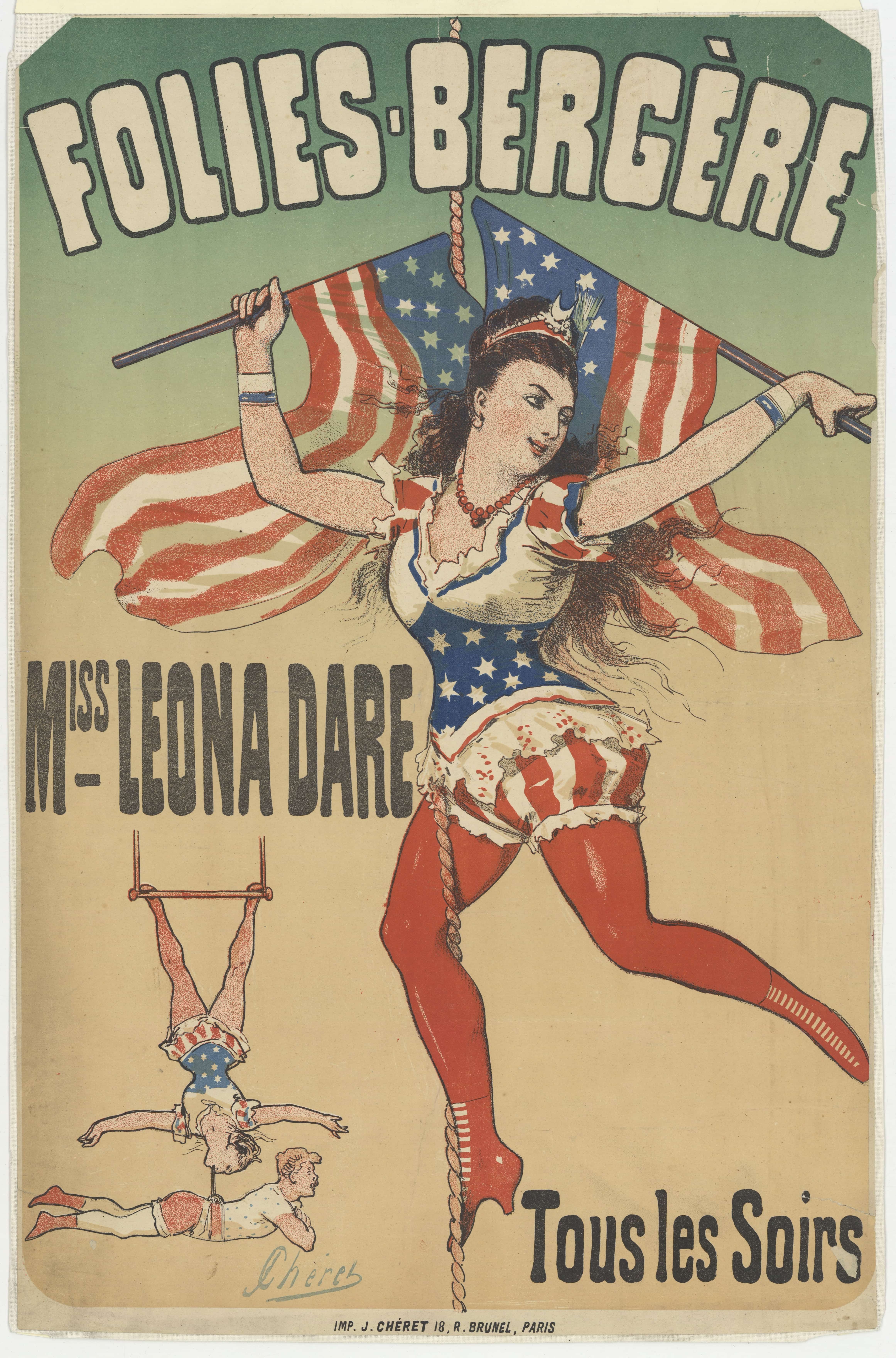 《Folies-Bergère。利昂娜小姐每晚都敢》（Folies-Bergère. Miss Leona Dare every night）｜朱尔·谢雷 Jules Chéret｜1876