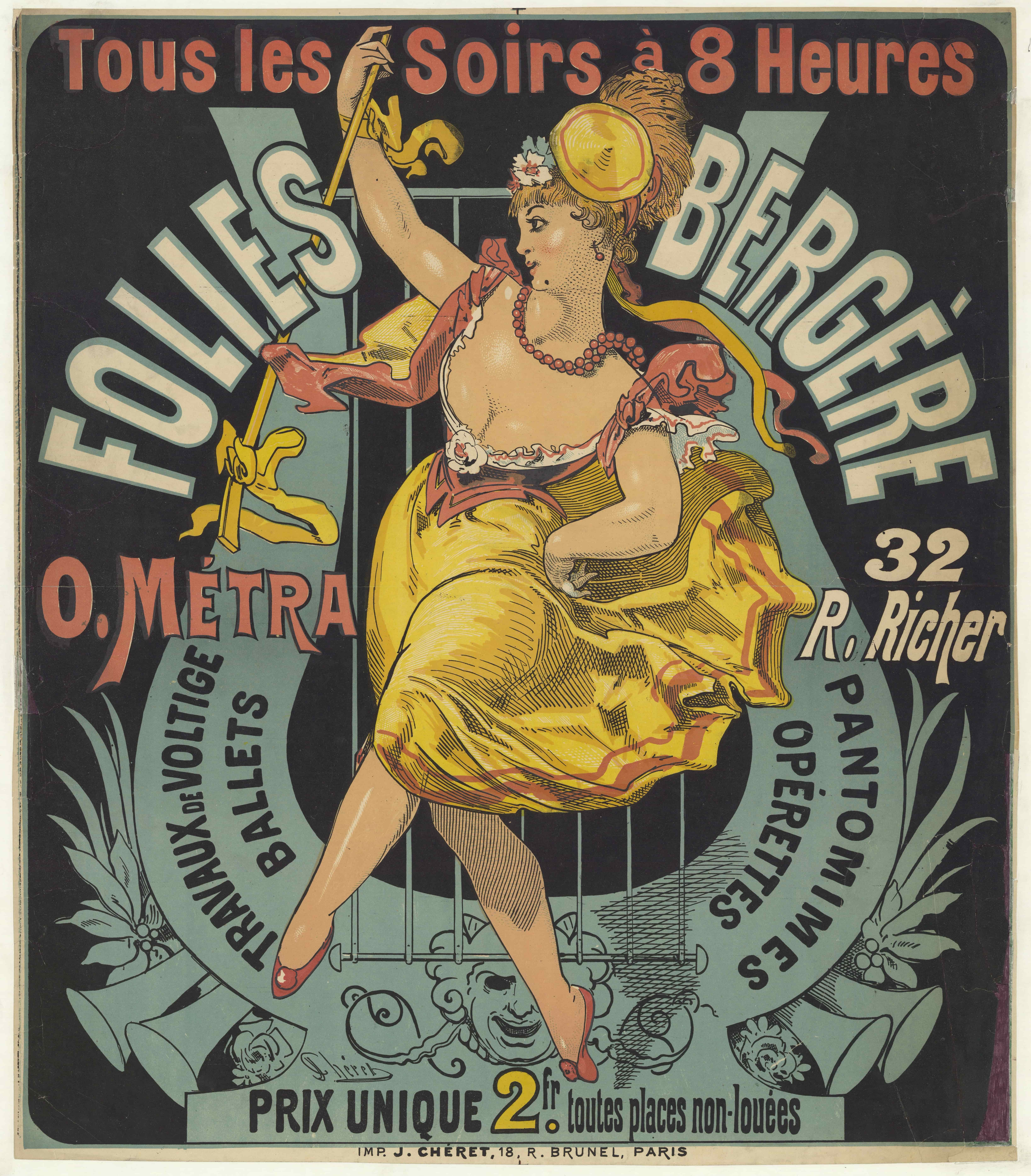 《Folies-Bergère。 O. Metra, 32 rue Richer 哑剧特技飞行表演》（Folies-Bergère. O. Metra, 32 rue Richer pantomimes operettas aerobatics work）｜朱尔·谢雷 Jules Chéret｜1876