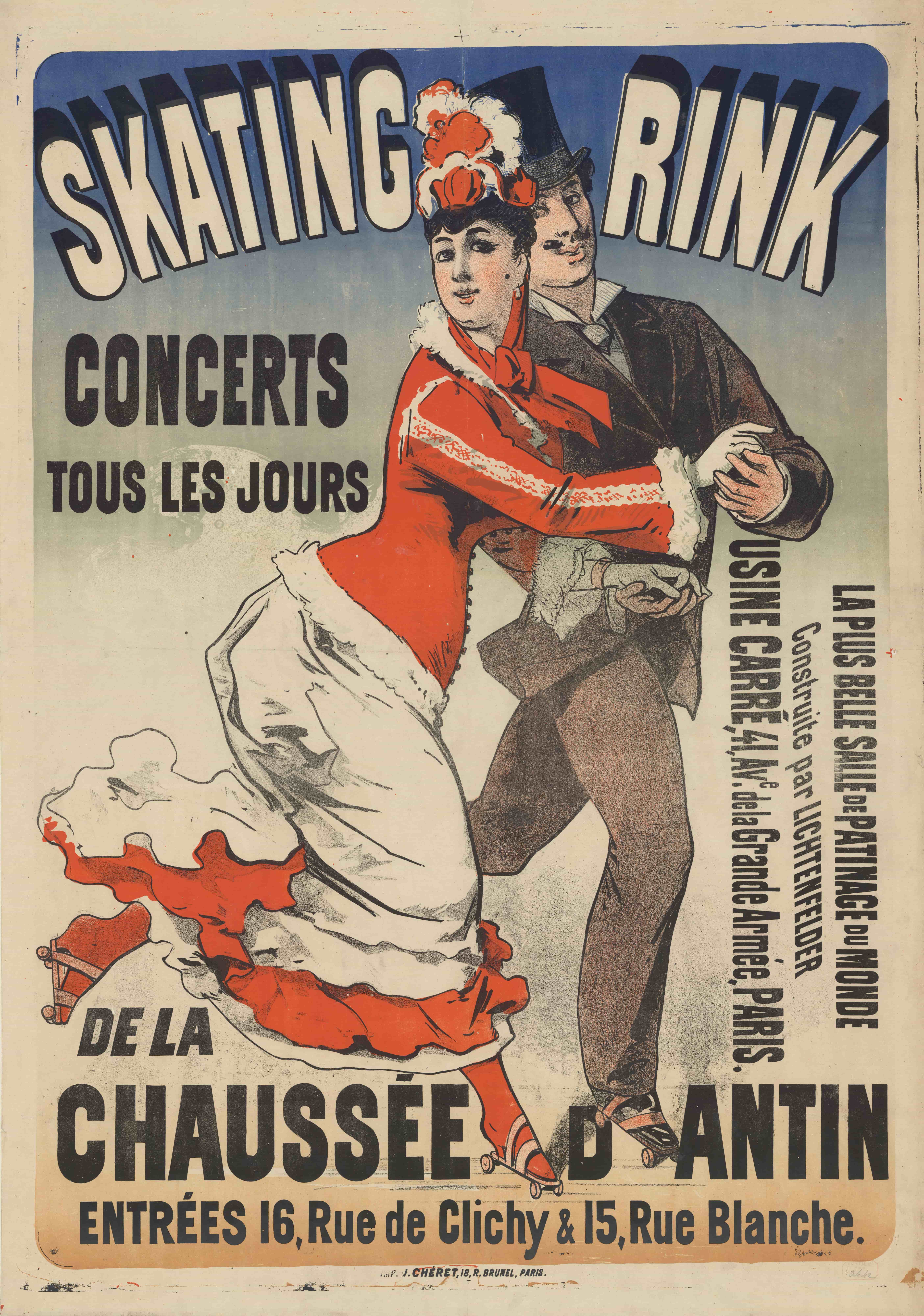 《Chaussée d’Antin 溜冰场，入口 16、rue de Clichy 和 15 rue Blanche》（Skating rink of Chaussée d'Antin, entrances 16, rue de Clichy and 15 rue Blanche）｜朱尔·谢雷 Jules Chéret｜1876