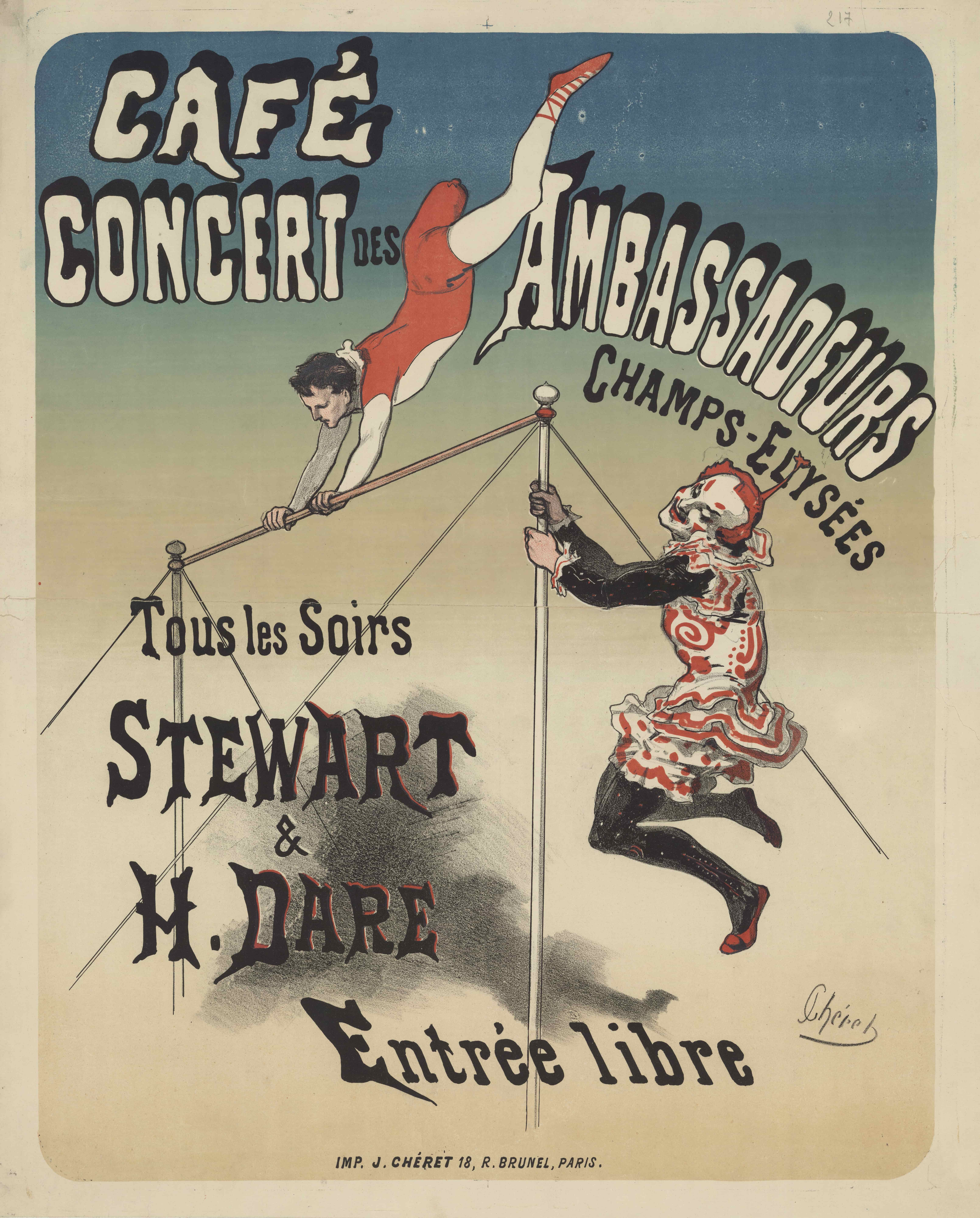 《大使咖啡馆音乐会。斯图尔特和 H. 戴尔》（Ambassadors café-concert. Stewart and H. Dare）｜朱尔·谢雷 Jules Chéret｜1877