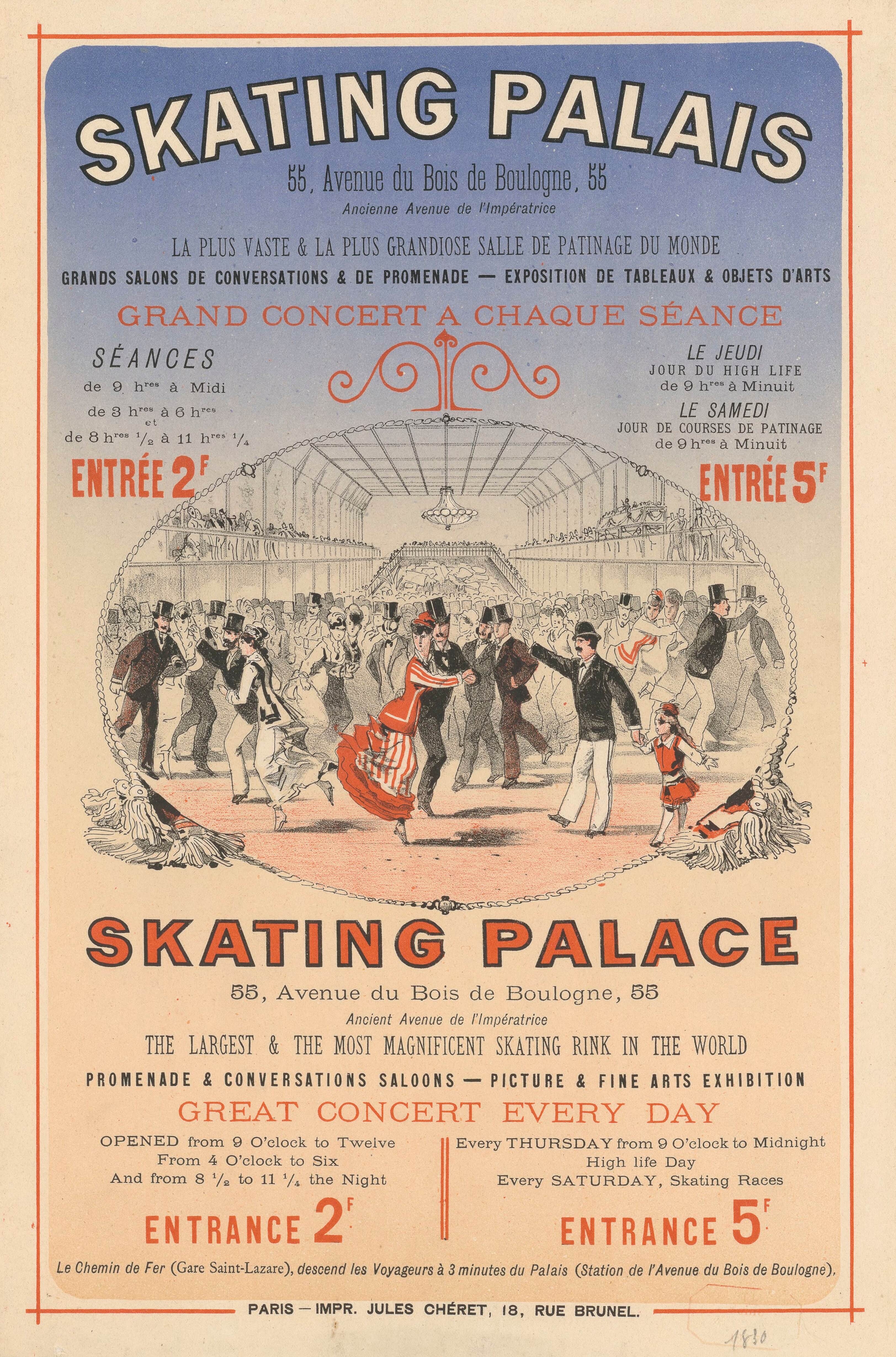 《Skating-Palais…55 Avenue du Bois de Boulogne 世界上最大、最宏伟的滑冰场》（Skating-Palais… 55 Avenue du Bois de Boulogne the largest and grandest skating hall in the world）｜朱尔·谢雷 Jules Chéret｜1877