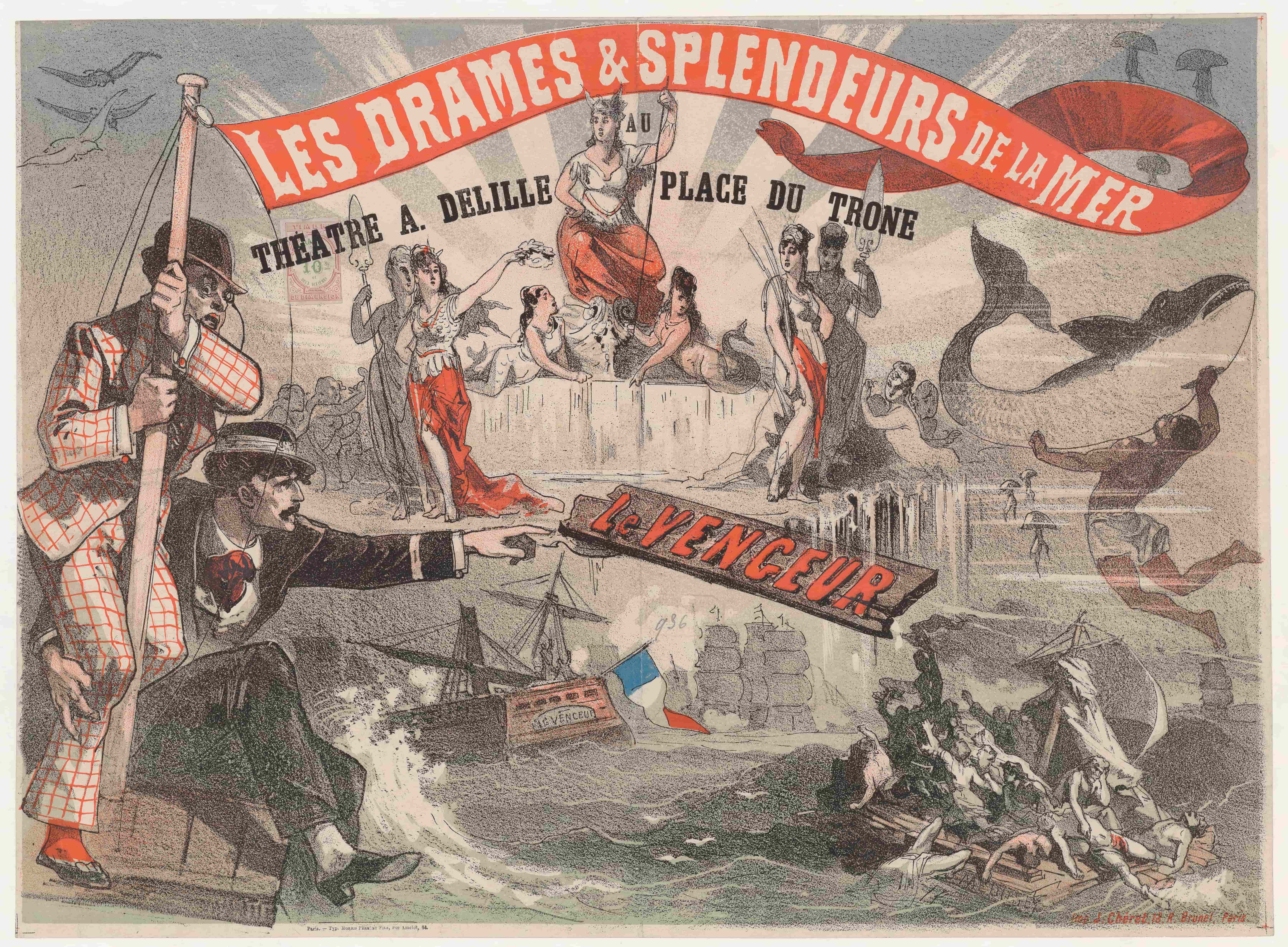 《特隆广场 (Place du Trône) 的 A. Delille 剧院上演海上戏剧和壮丽景色》（The dramas and splendors of the sea, at the A. Delille theater, place du Trône）｜朱尔·谢雷 Jules Chéret｜1877