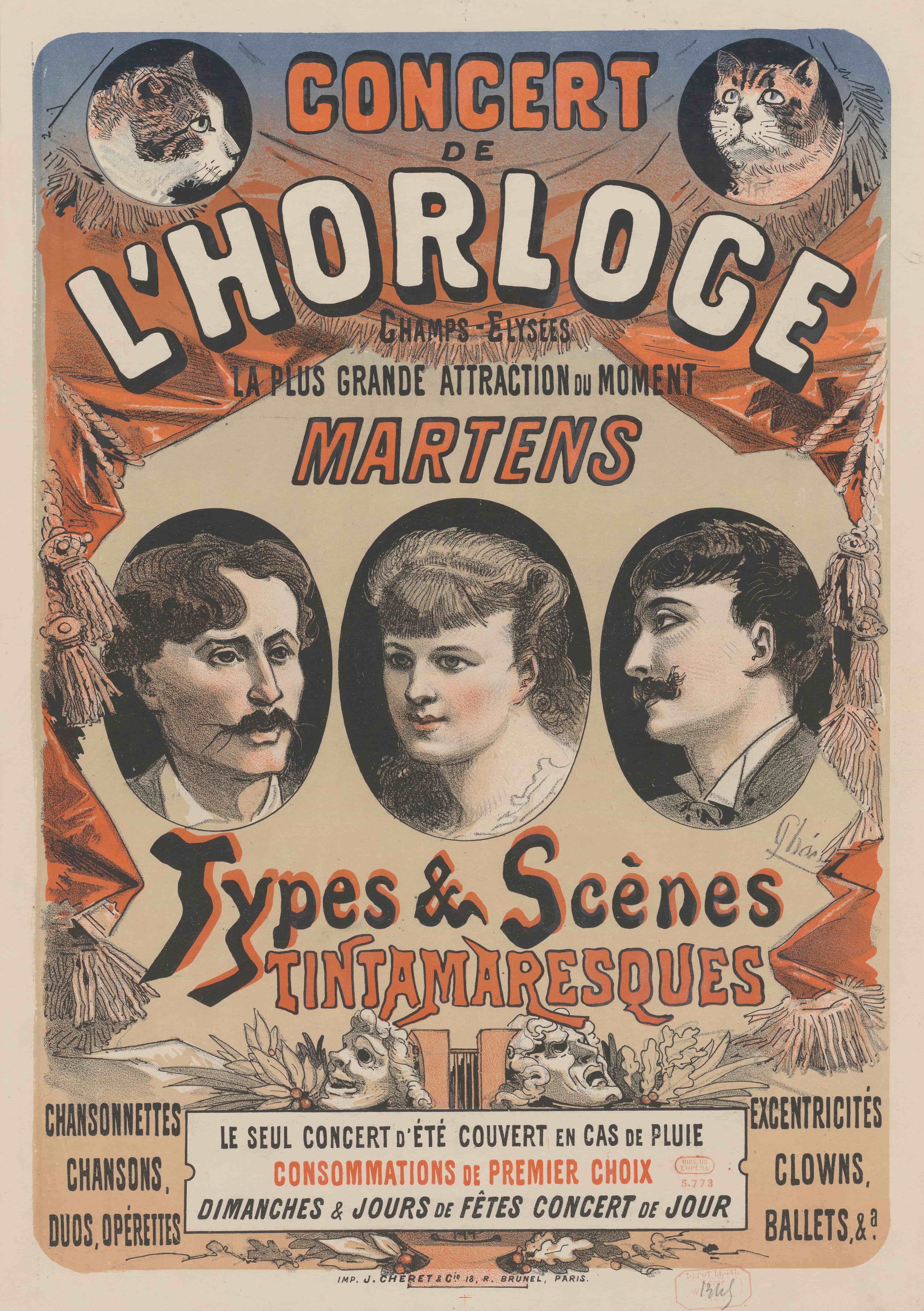 《时钟音乐会……Martens。 Tintamaresque 类型和晚餐》（Clock Concert… Martens. Tintamaresque Types and Supper）｜朱尔·谢雷 Jules Chéret｜1879
