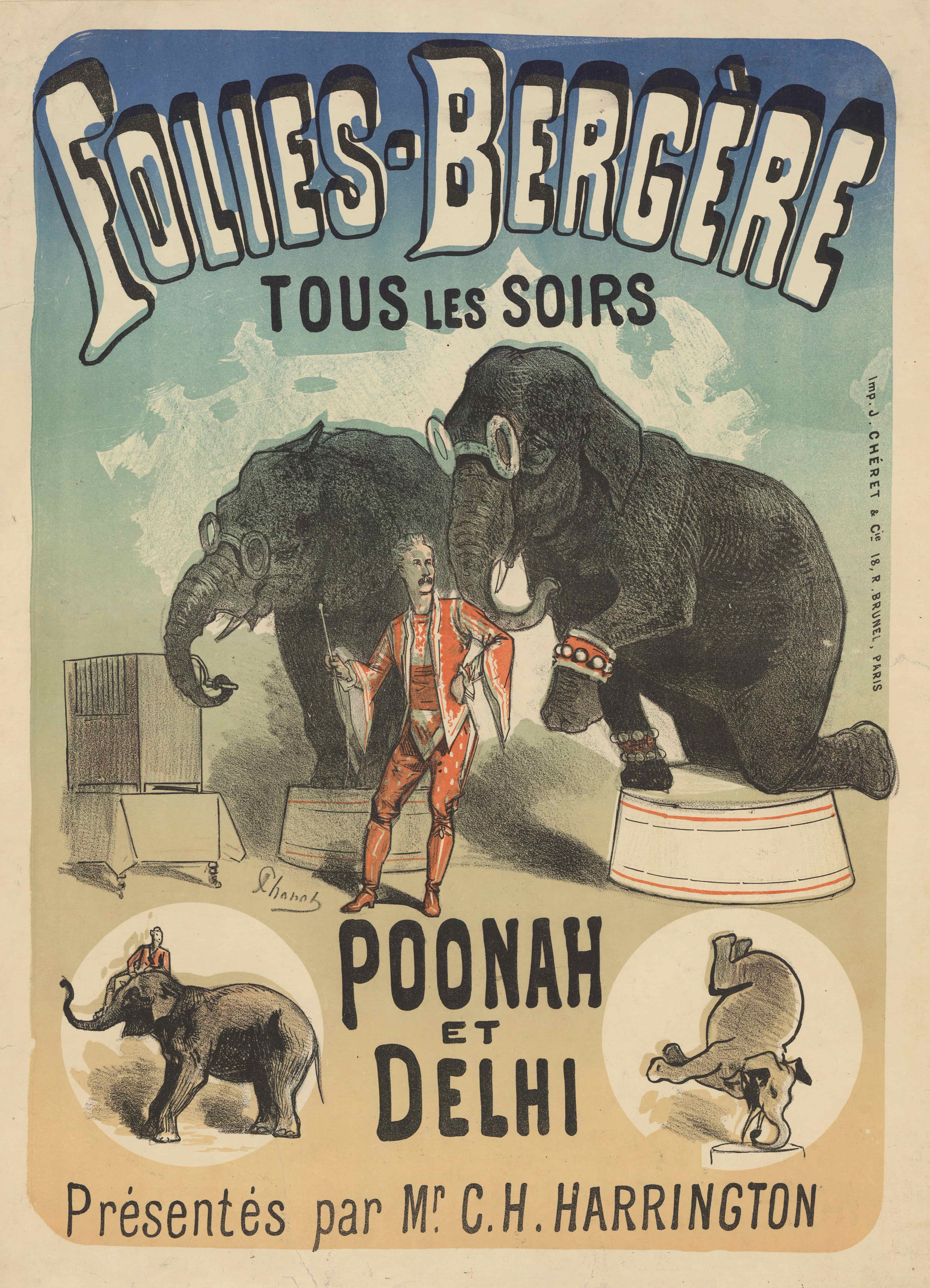 《Folies Bergère…Poonah et Delhi，由 C. H. Harrington 先生介绍》（Folies Bergère… Poonah et Delhi, présentés par Mr. C. H. Harrington）｜朱尔·谢雷 Jules Chéret｜1879