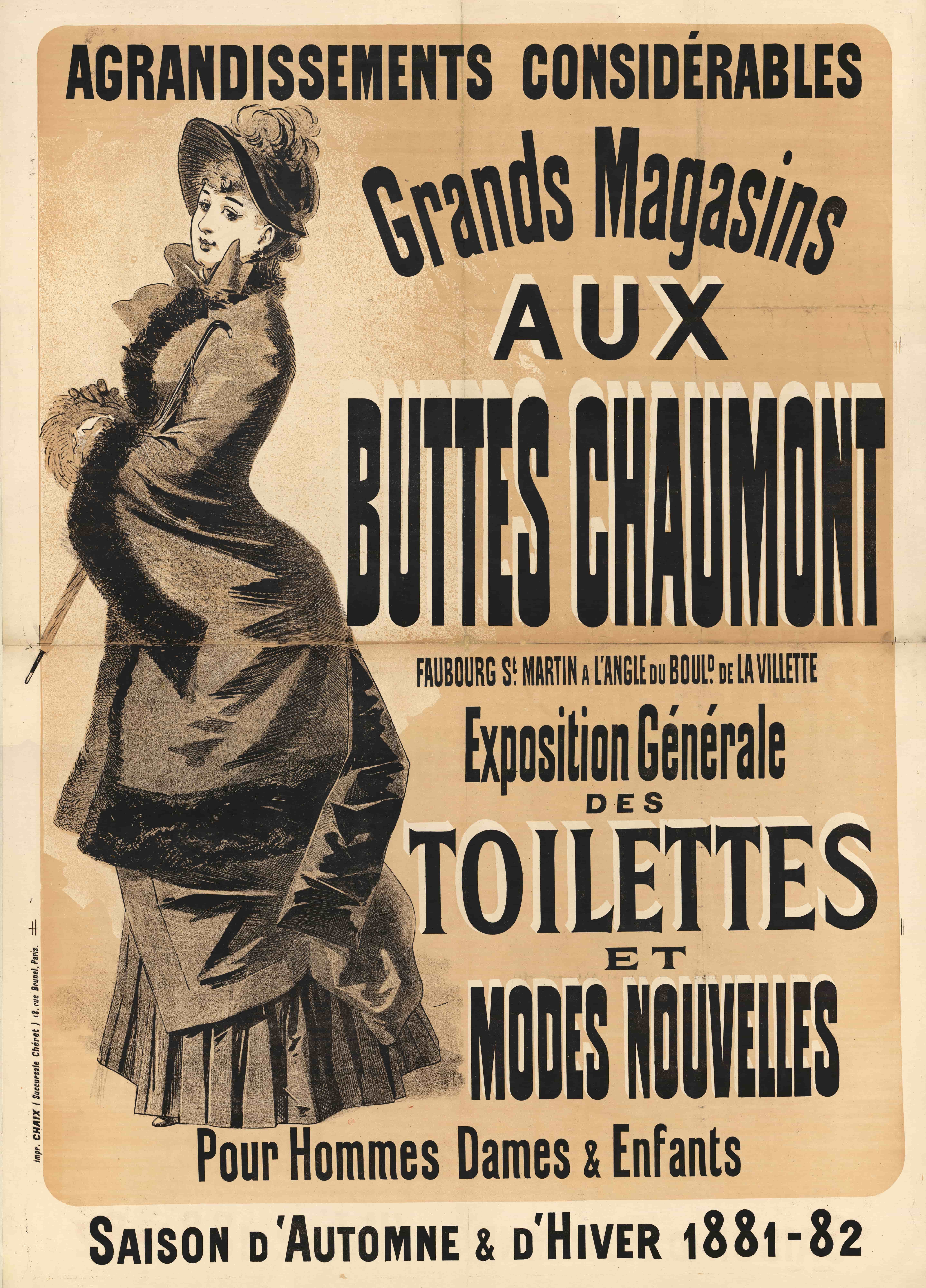 《在肖蒙山丘。 Aux Buttes Chaumont 百货商店大幅扩建》（At Buttes Chaumont. Considerable expansions, Department Stores Aux Buttes Chaumont）｜朱尔·谢雷 Jules Chéret｜1881